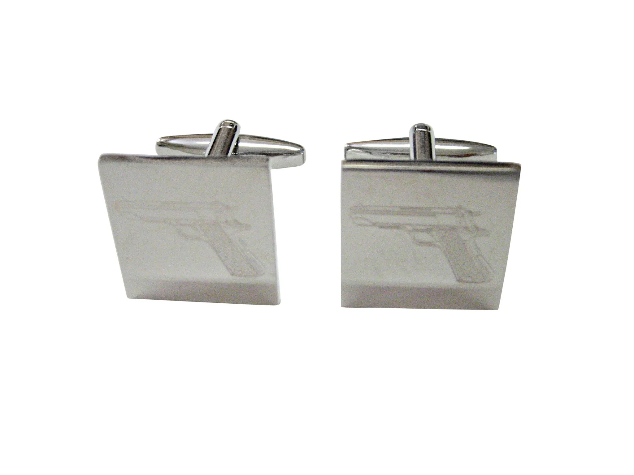 Silver Toned Etched Modern Handgun Cufflinks