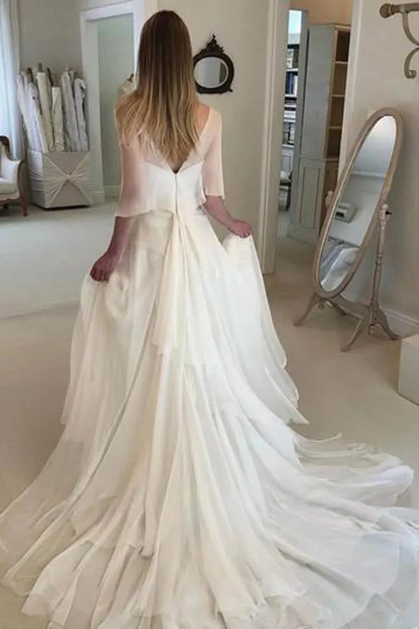 Simple Elegant Chiffon with Wrap Sleeve Beach Wedding Dresses  ,MW282