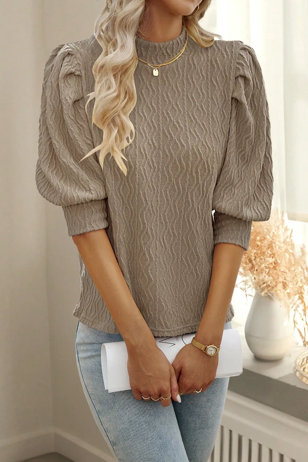 Simply Taupe Vintage Textured Puff Sleeve Mock Neck Top