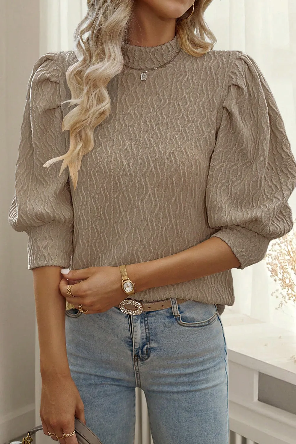 Simply Taupe Vintage Textured Puff Sleeve Mock Neck Top