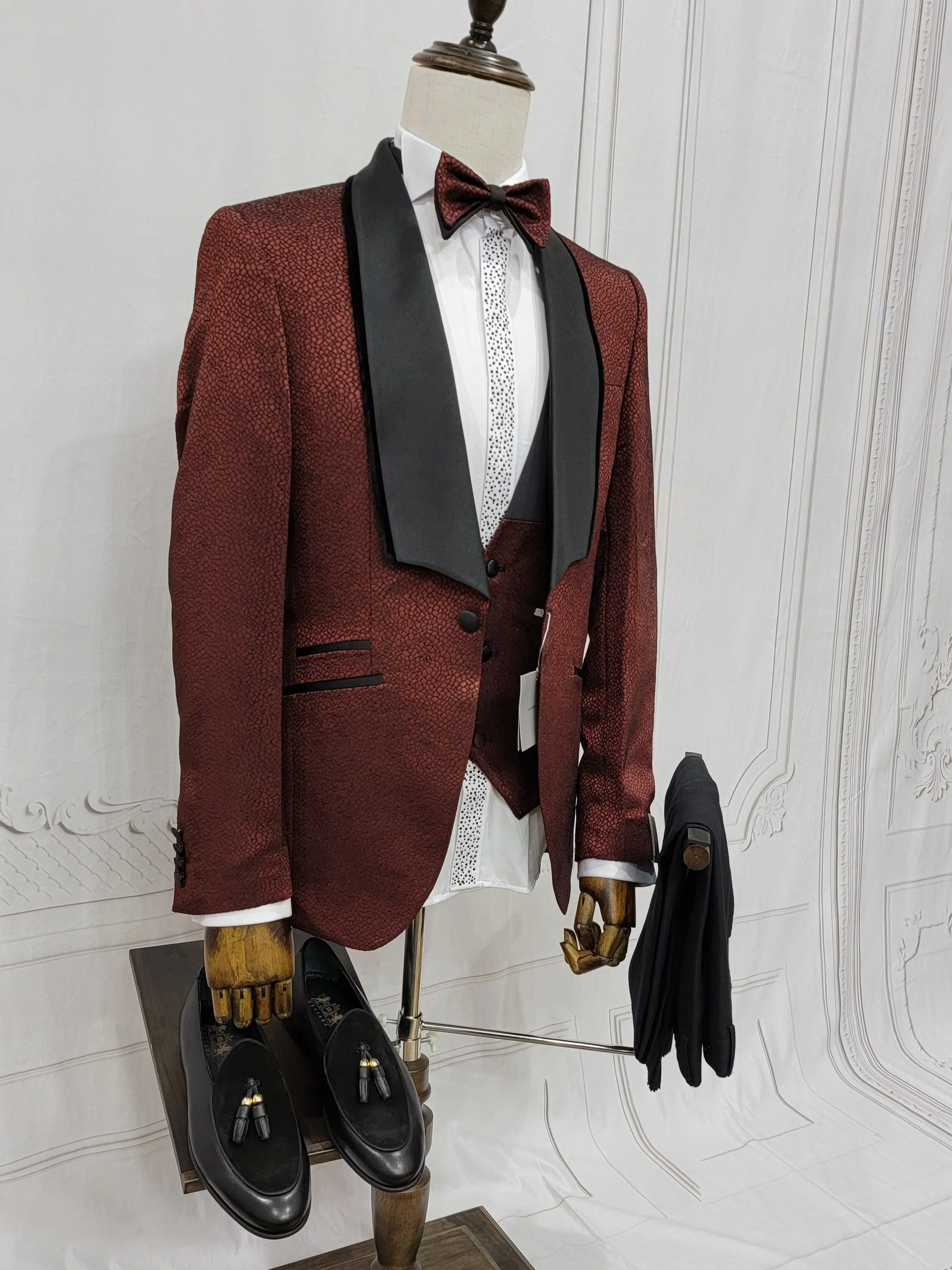Single Button Three Piece Tuxedo Suit with Contrasting Black Lapel and Pants