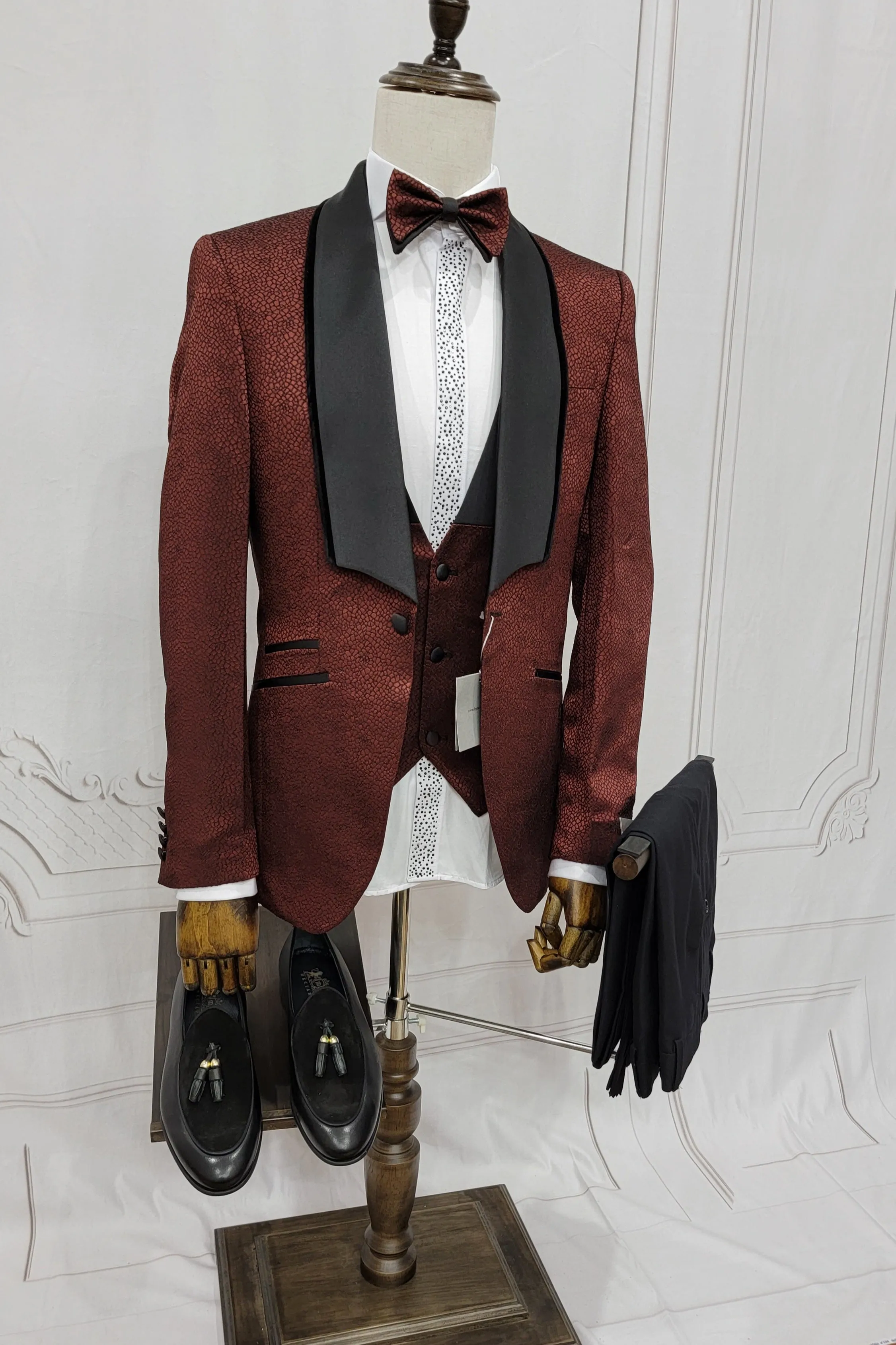 Single Button Three Piece Tuxedo Suit with Contrasting Black Lapel and Pants