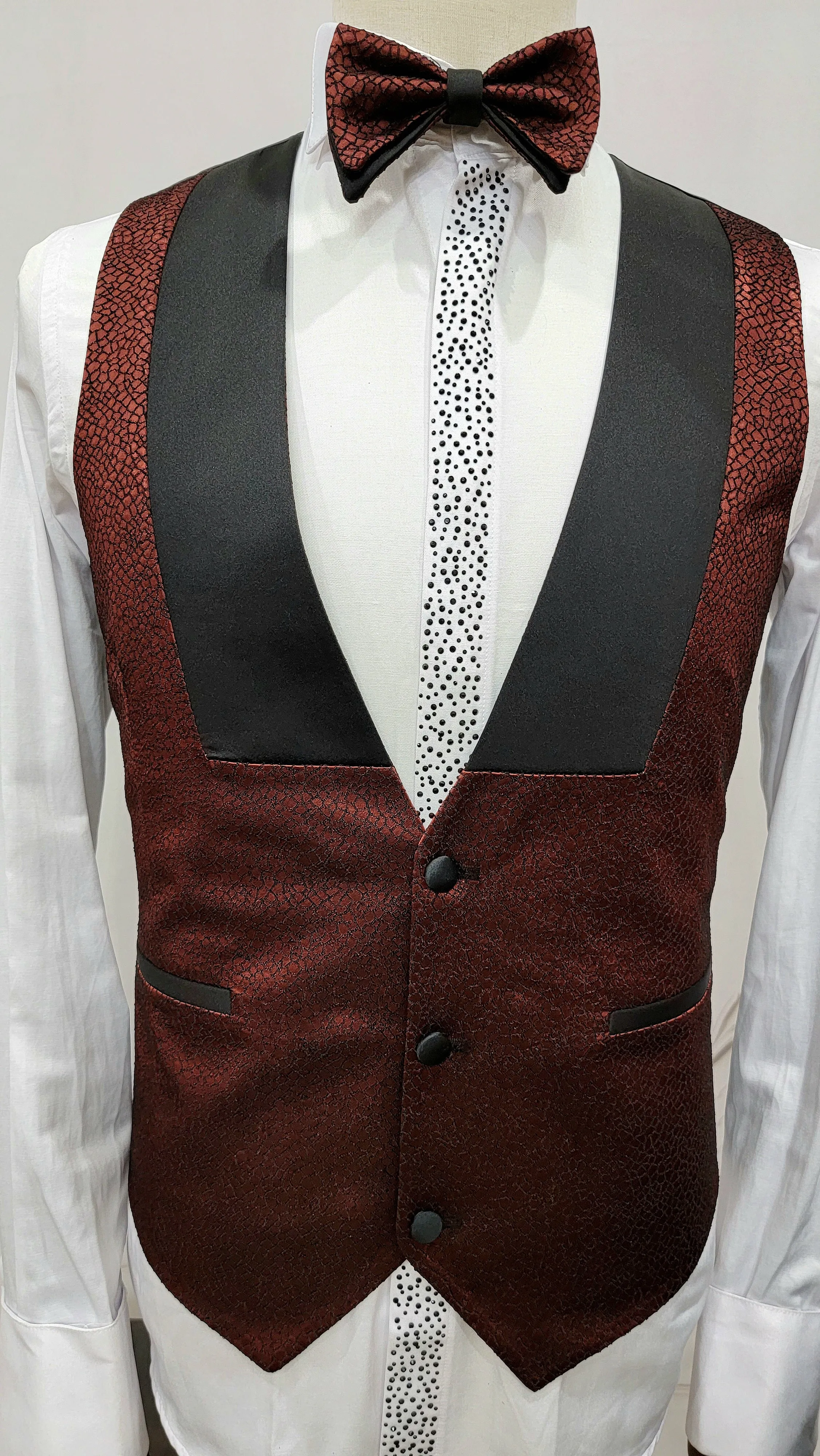 Single Button Three Piece Tuxedo Suit with Contrasting Black Lapel and Pants