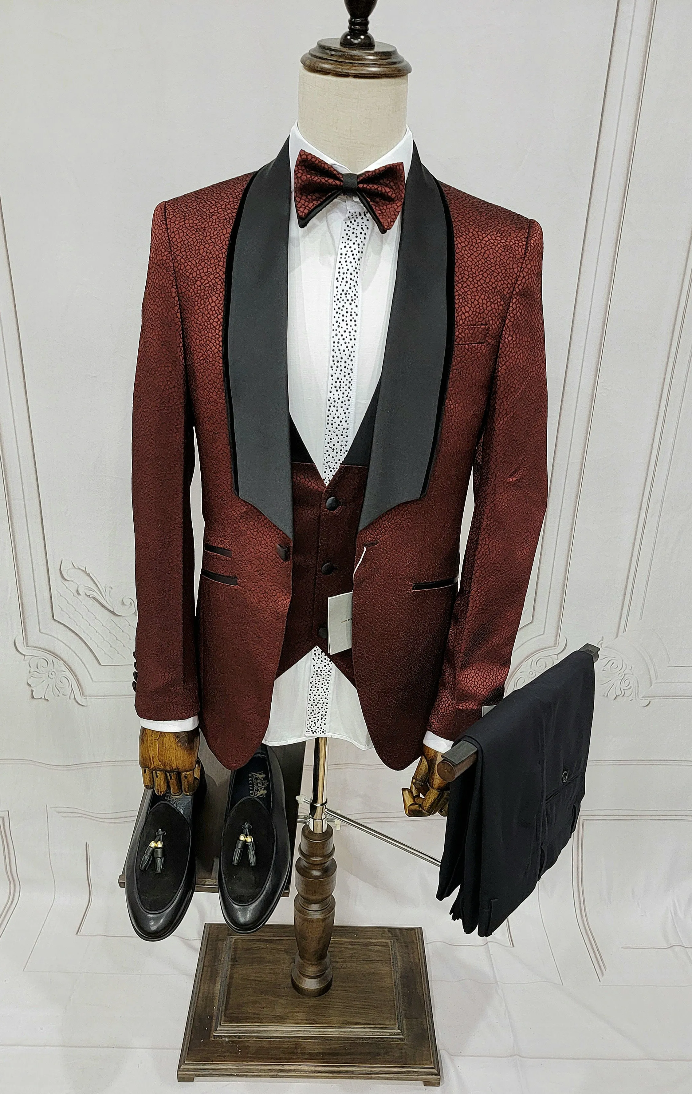 Single Button Three Piece Tuxedo Suit with Contrasting Black Lapel and Pants