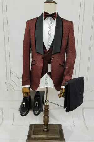 Single Button Three Piece Tuxedo Suit with Contrasting Black Lapel and Pants