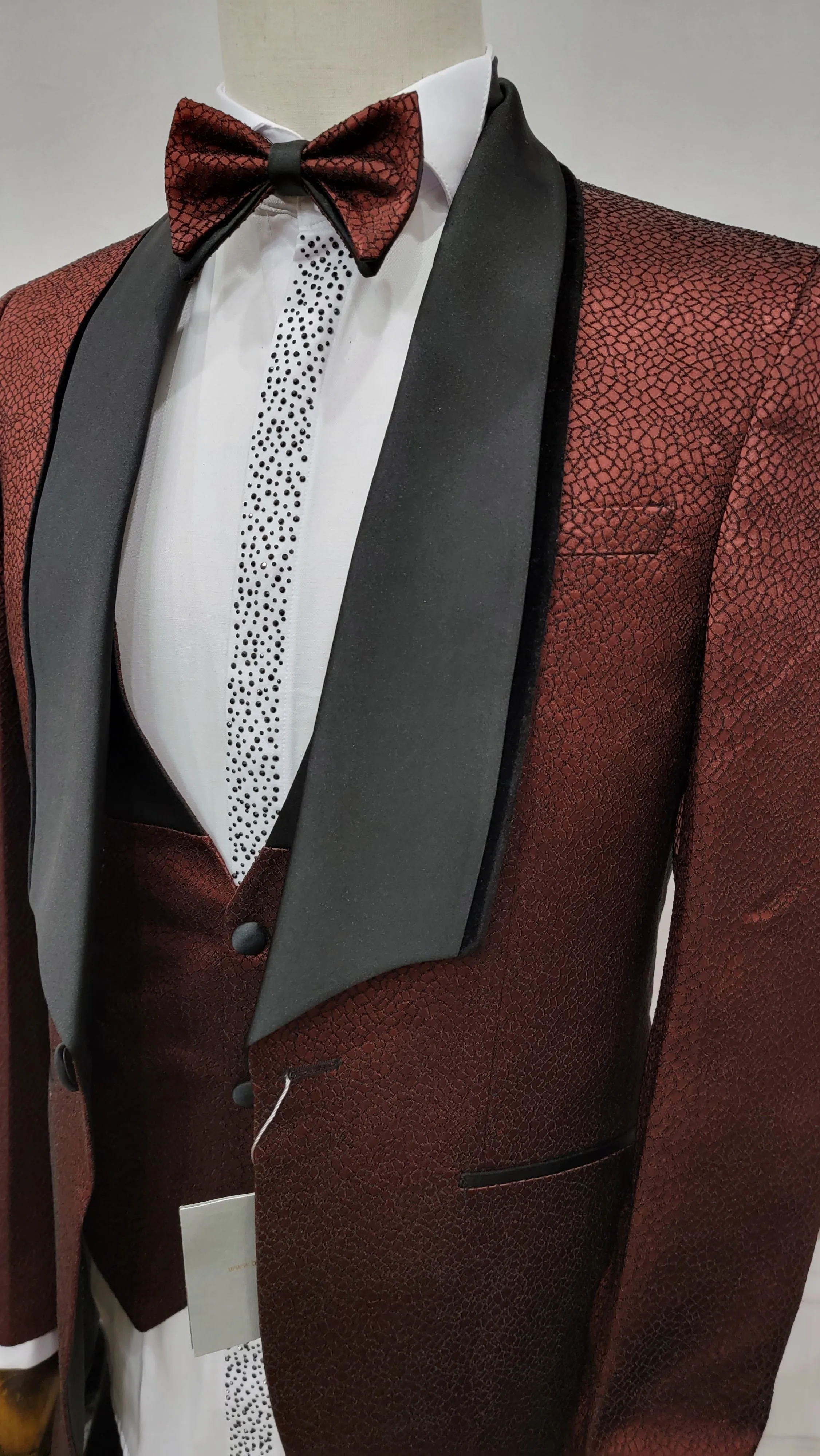 Single Button Three Piece Tuxedo Suit with Contrasting Black Lapel and Pants