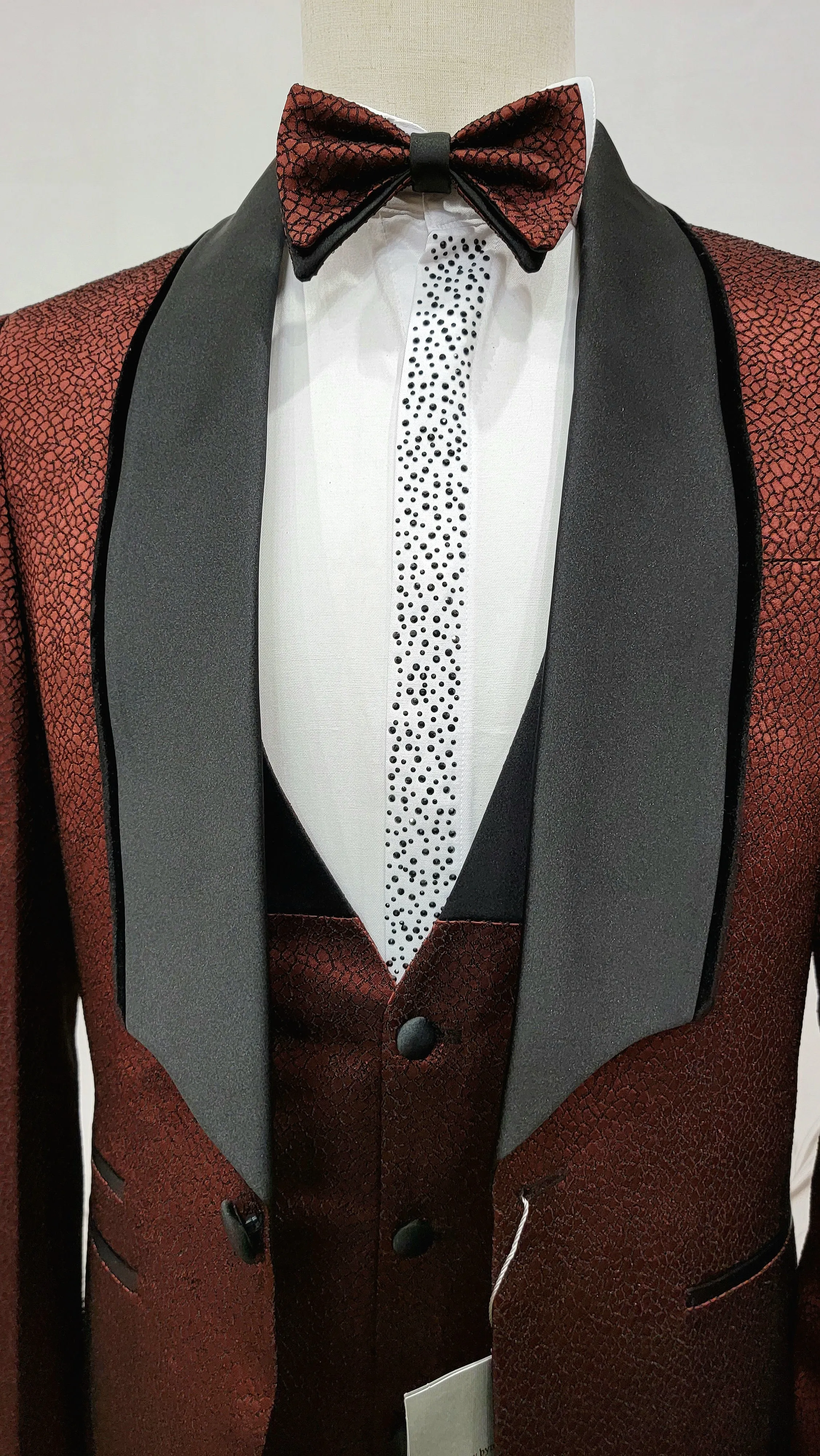 Single Button Three Piece Tuxedo Suit with Contrasting Black Lapel and Pants