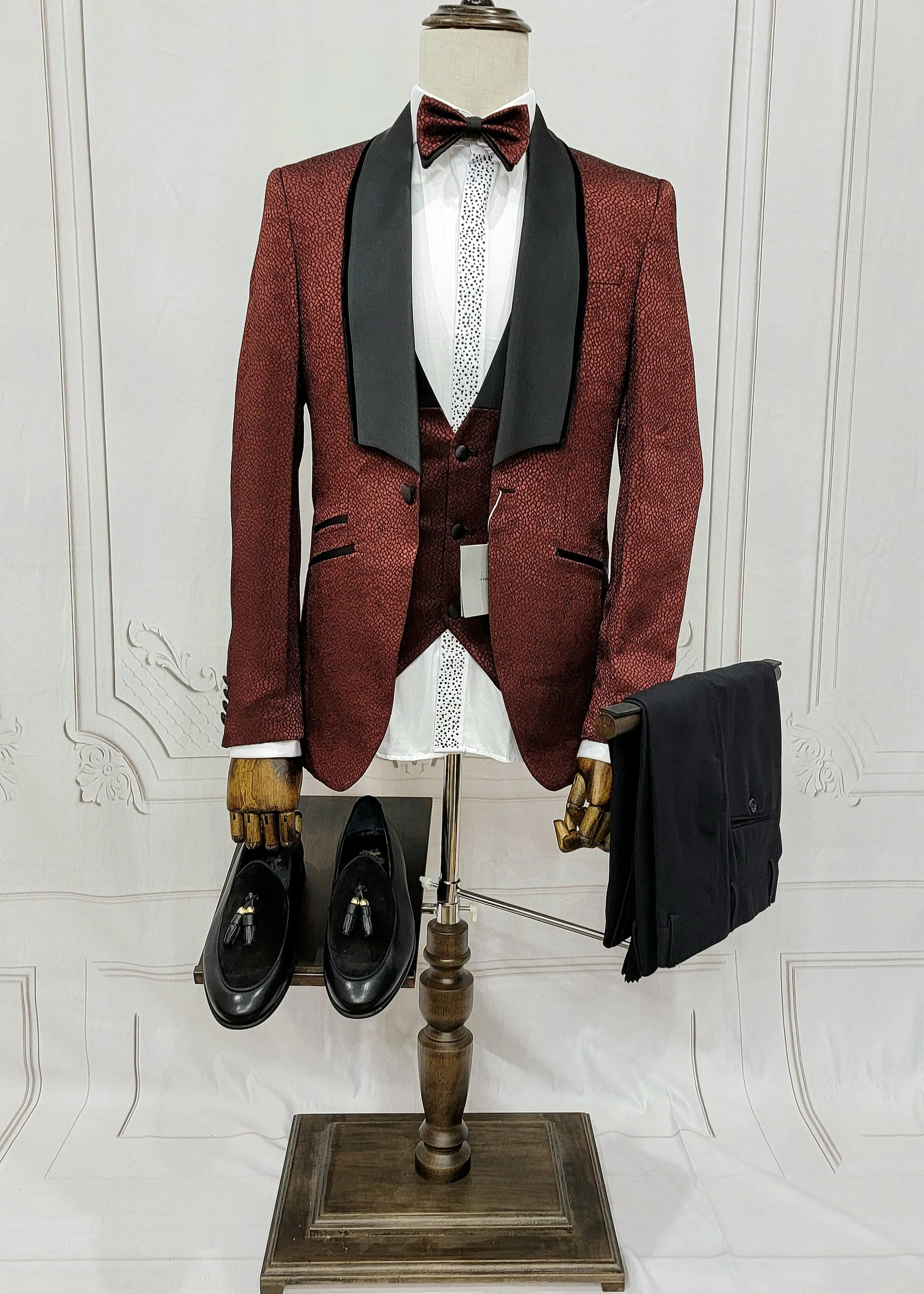 Single Button Three Piece Tuxedo Suit with Contrasting Black Lapel and Pants