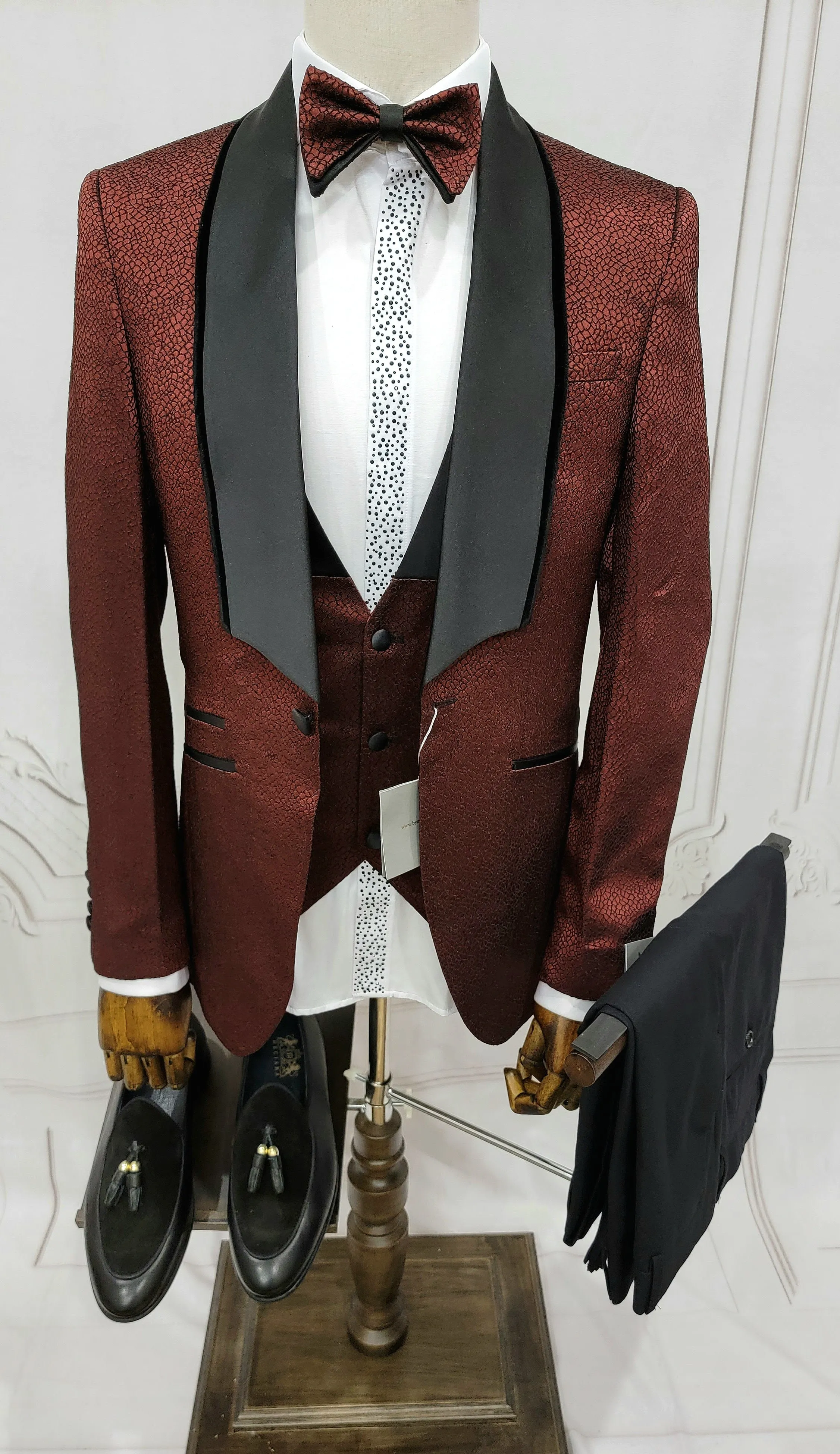 Single Button Three Piece Tuxedo Suit with Contrasting Black Lapel and Pants
