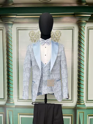 Single Button Three Pieces Tuxedo Suit with contrasting green velvet Lapel, matching bow tie and Black Pants.