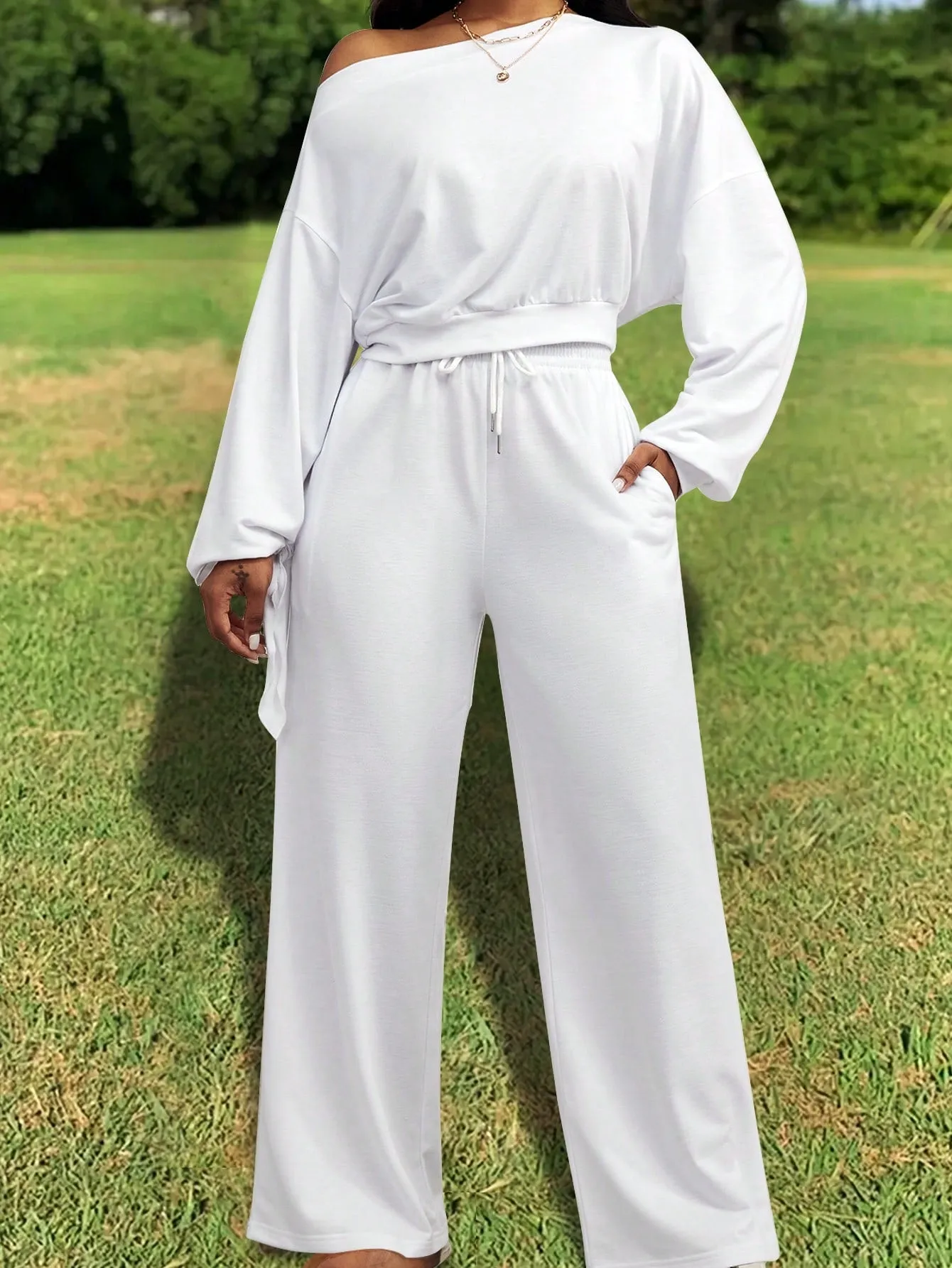 Slayr Women's Fluorescent Green Drop Shoulder Long Sleeve Top And Pants Set