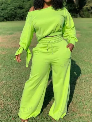 Slayr Women's Fluorescent Green Drop Shoulder Long Sleeve Top And Pants Set