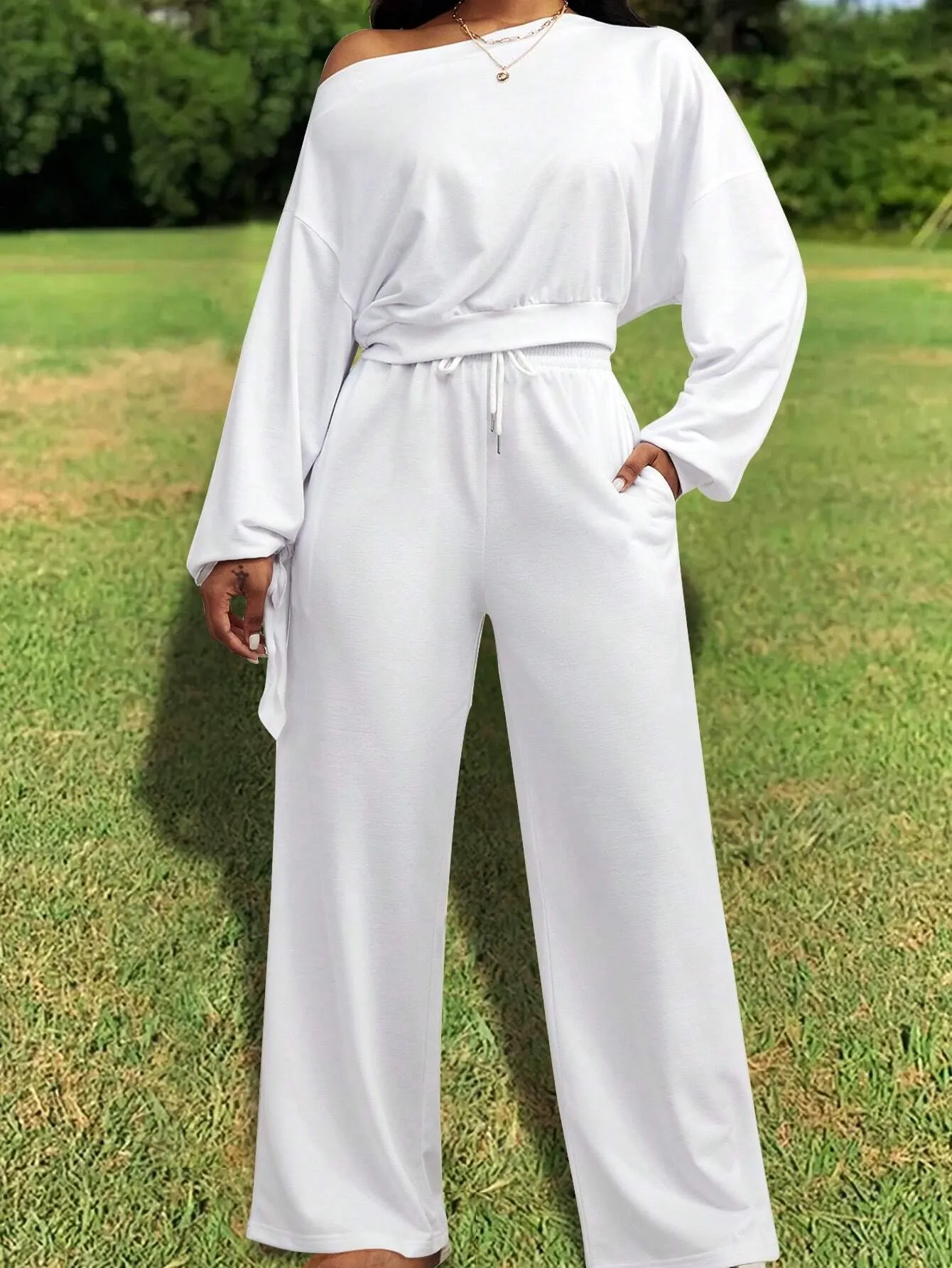 Slayr Women's Fluorescent Green Drop Shoulder Long Sleeve Top And Pants Set