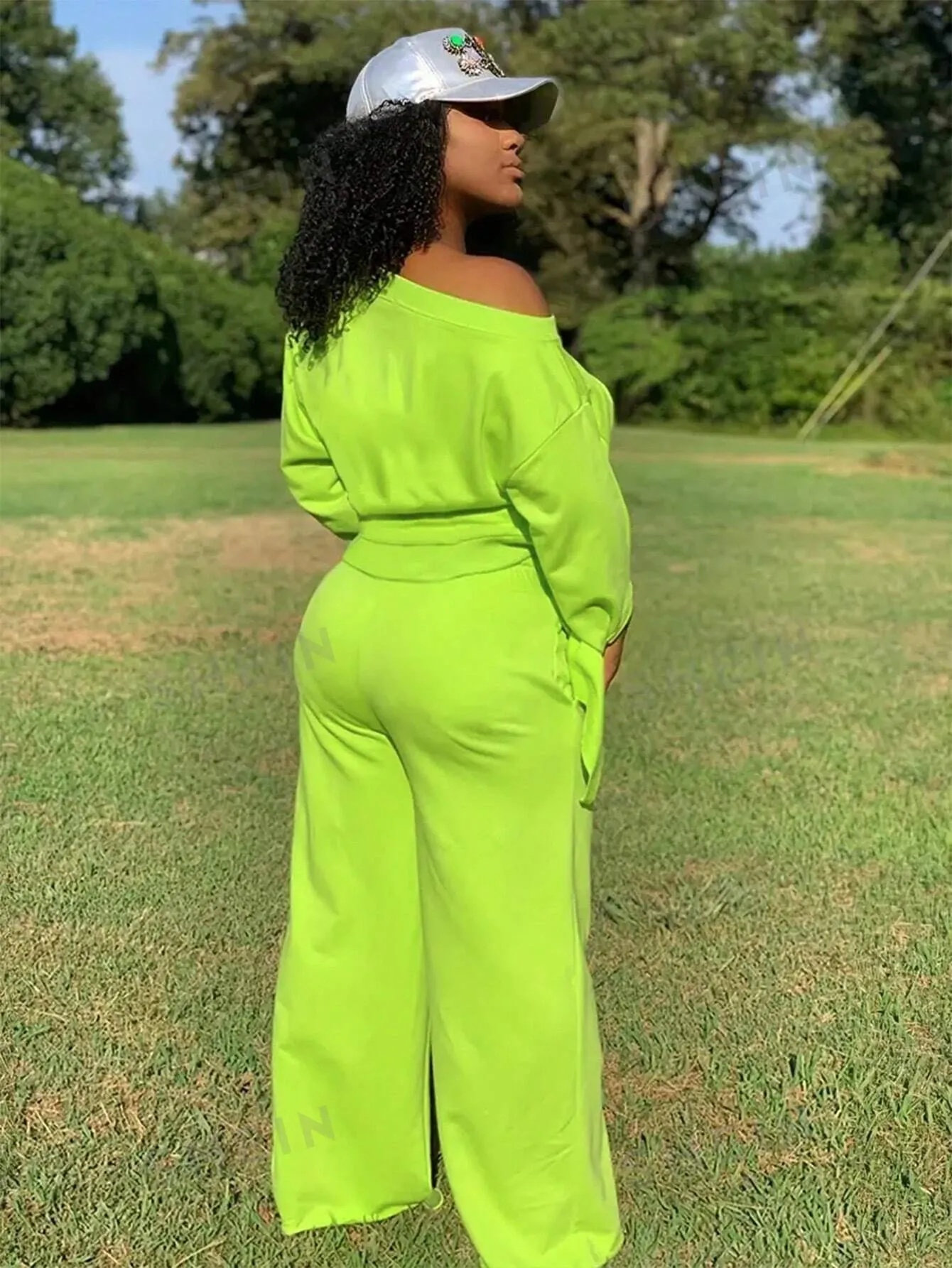 Slayr Women's Fluorescent Green Drop Shoulder Long Sleeve Top And Pants Set