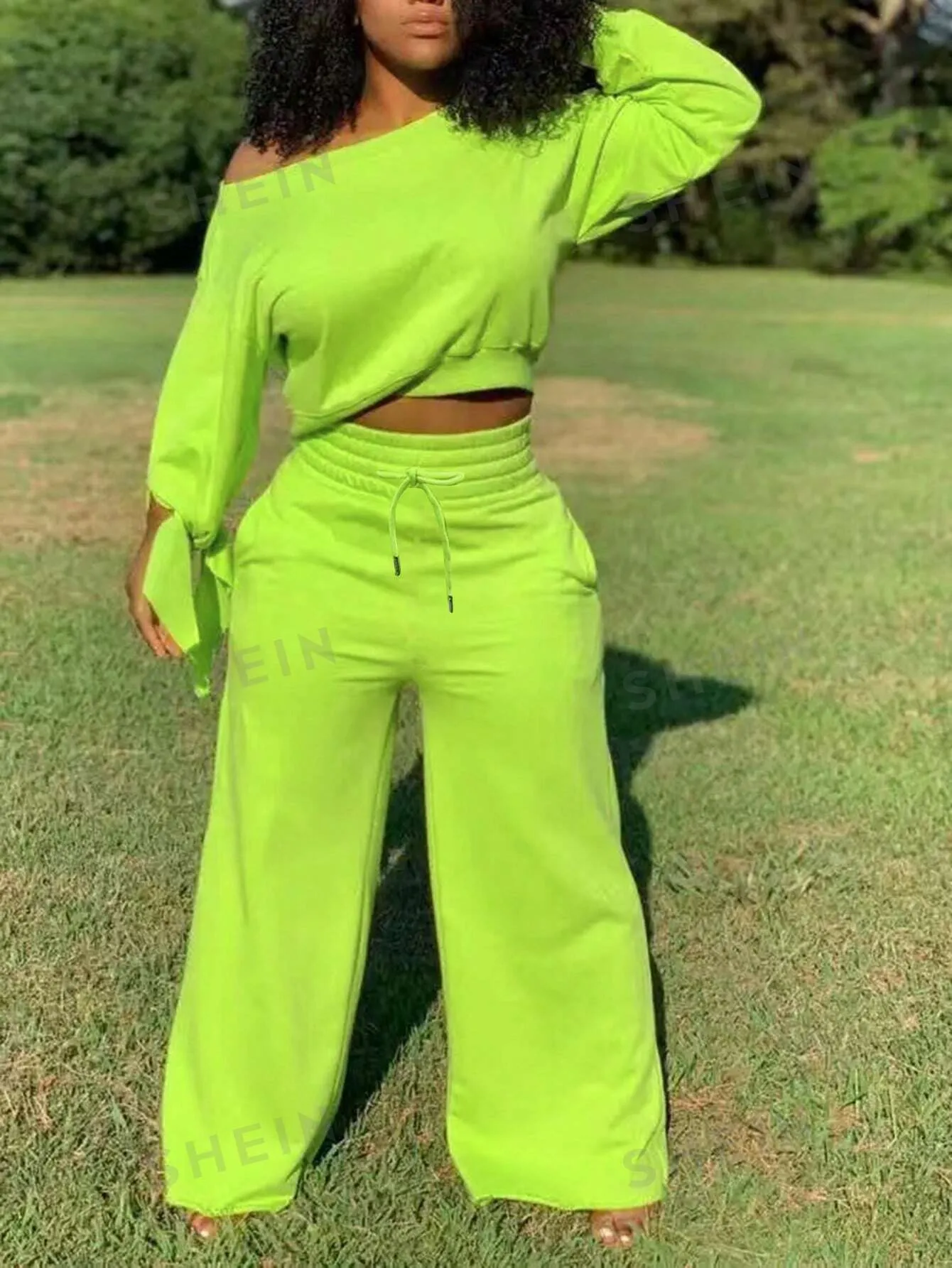 Slayr Women's Fluorescent Green Drop Shoulder Long Sleeve Top And Pants Set