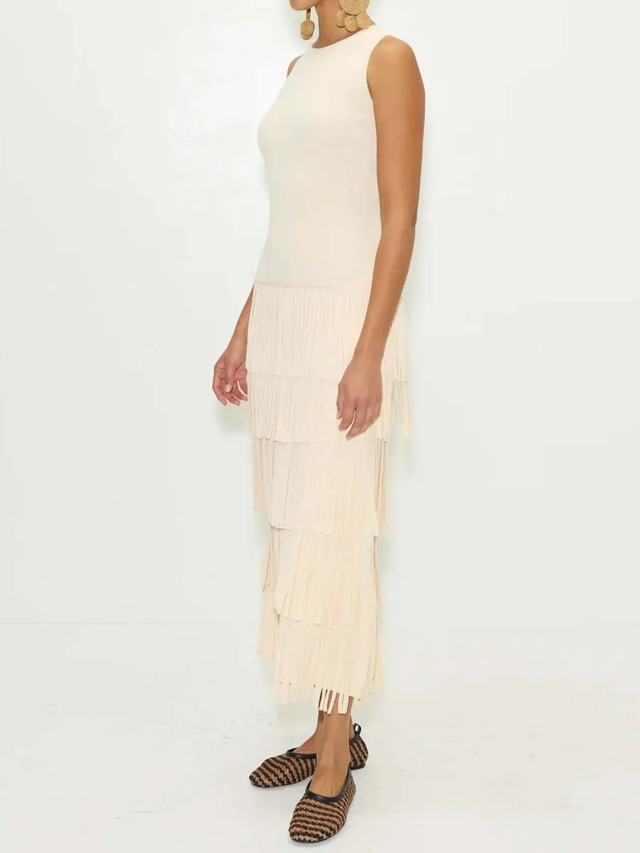 Sleeveless Knit Fringd Maxi Dress