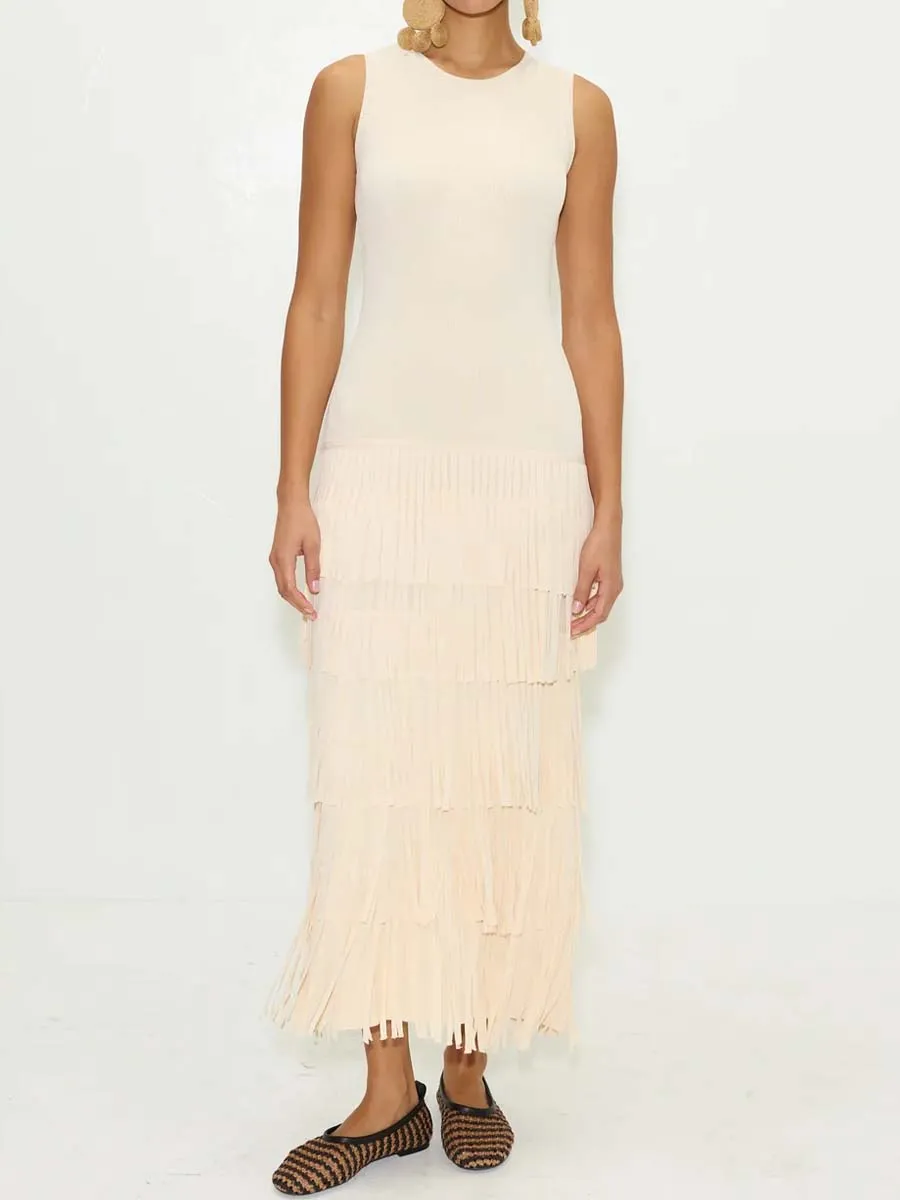 Sleeveless Knit Fringd Maxi Dress