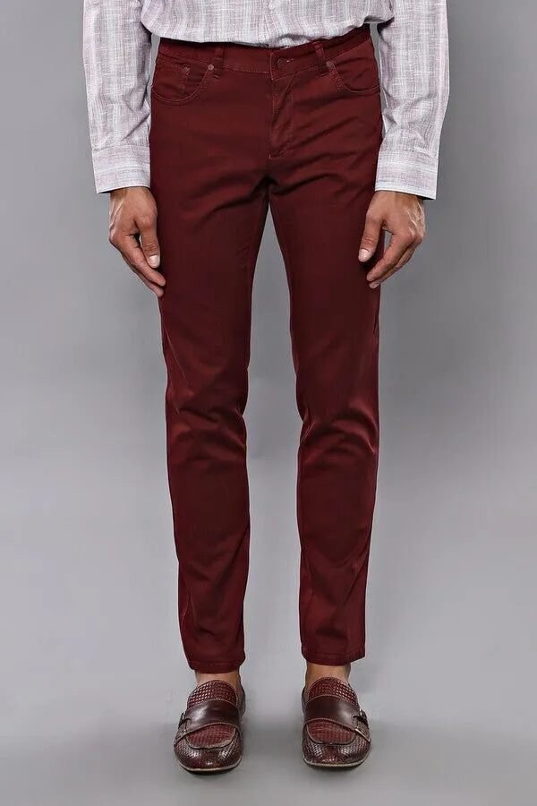 Slim Fit Plain 5 Pockets Burgundy Men Pants - Wessi