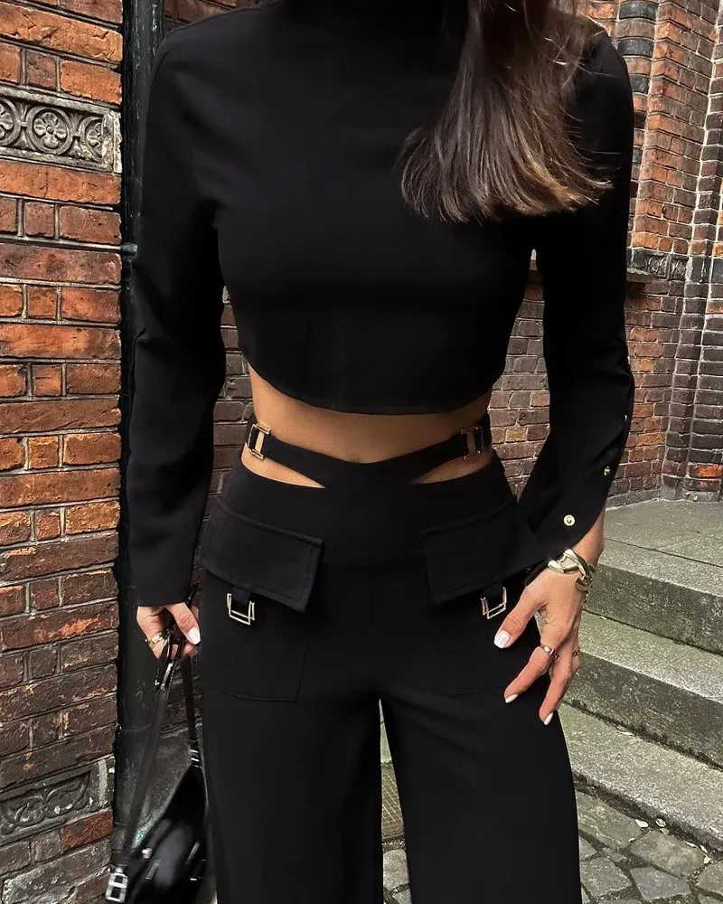 Solid Color Crossover Two-Piece Set With High Collar and Long Sleeves