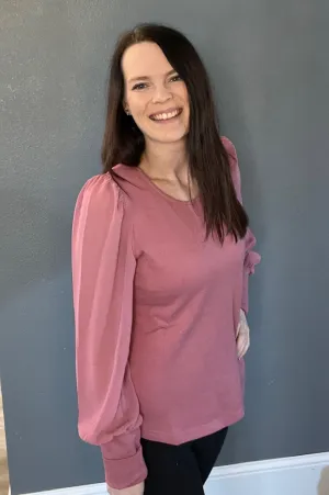 Solid Knit & Chiffon Puff Long Sleeve Top