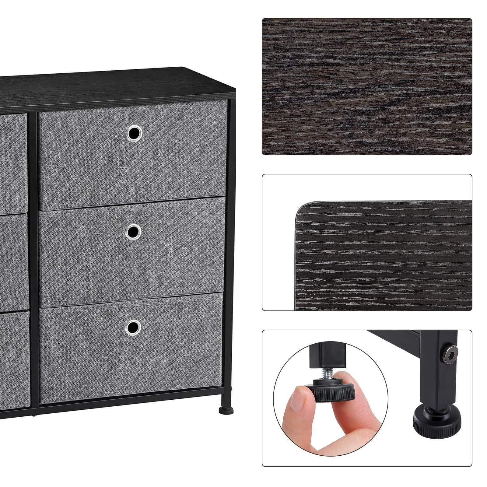 SONGMICS 3-Tier Wide Dresser, Storage Unit with 6 Easy Pull Fabric Drawers, Metal Frame, and Wooden Tabletop, for Closet, Nursery, Hallway, 31.5 x 11.8 x 24.8 Inches, Gray ULTS23G