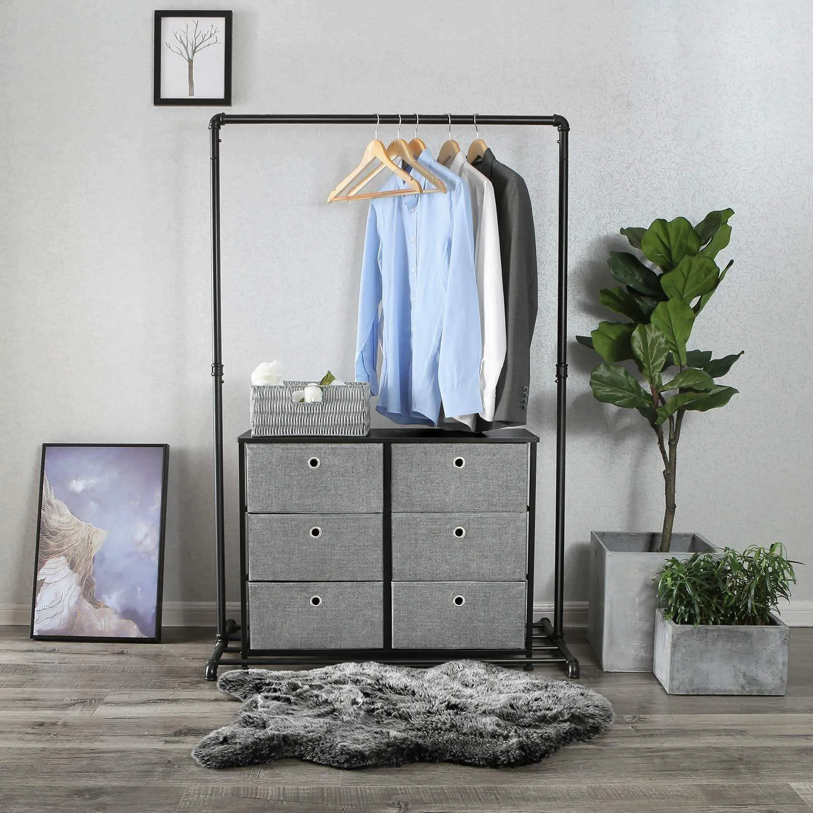 SONGMICS 3-Tier Wide Dresser, Storage Unit with 6 Easy Pull Fabric Drawers, Metal Frame, and Wooden Tabletop, for Closet, Nursery, Hallway, 31.5 x 11.8 x 24.8 Inches, Gray ULTS23G
