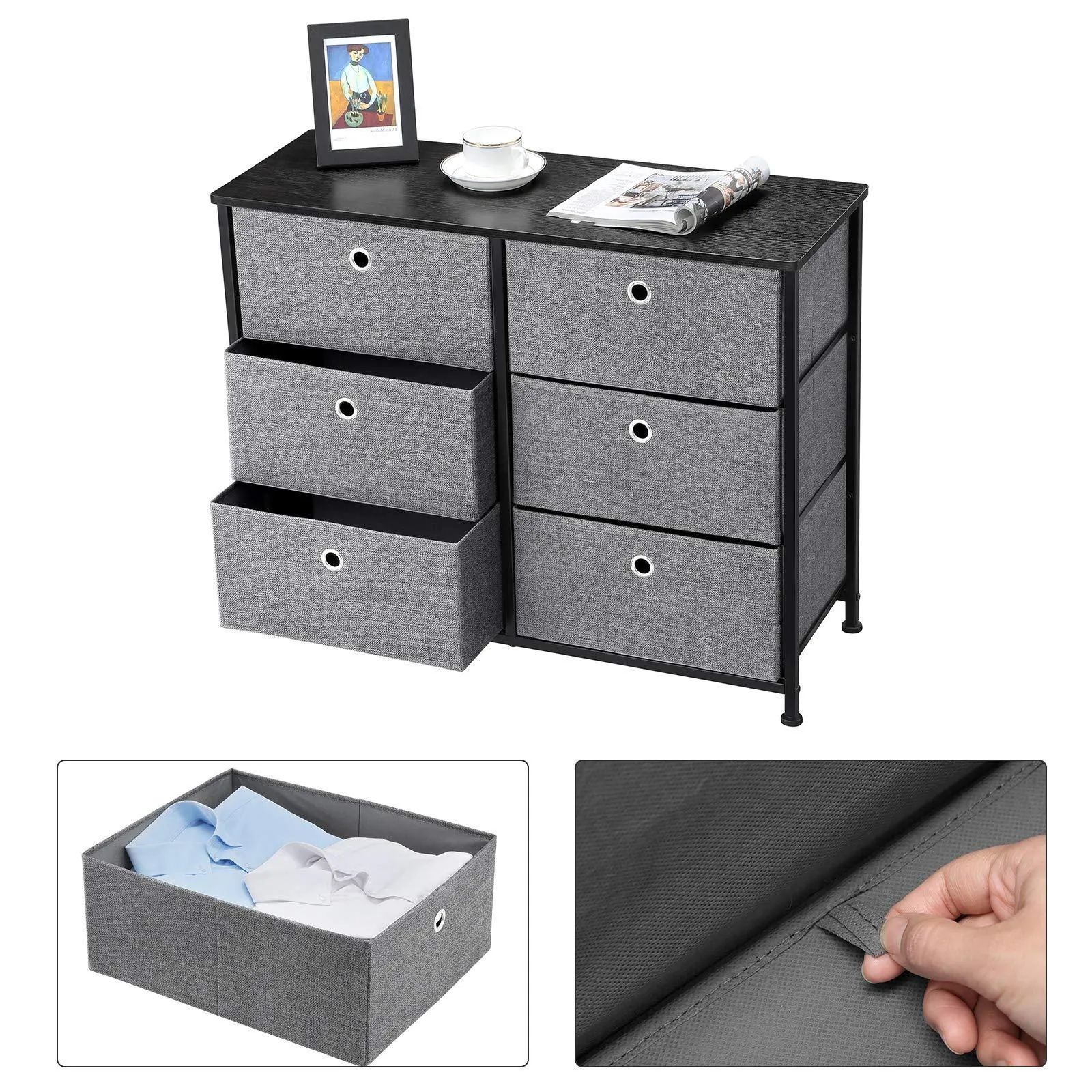 SONGMICS 3-Tier Wide Dresser, Storage Unit with 6 Easy Pull Fabric Drawers, Metal Frame, and Wooden Tabletop, for Closet, Nursery, Hallway, 31.5 x 11.8 x 24.8 Inches, Gray ULTS23G