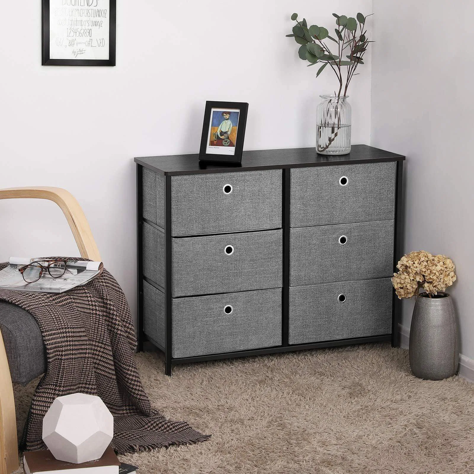 SONGMICS 3-Tier Wide Dresser, Storage Unit with 6 Easy Pull Fabric Drawers, Metal Frame, and Wooden Tabletop, for Closet, Nursery, Hallway, 31.5 x 11.8 x 24.8 Inches, Gray ULTS23G