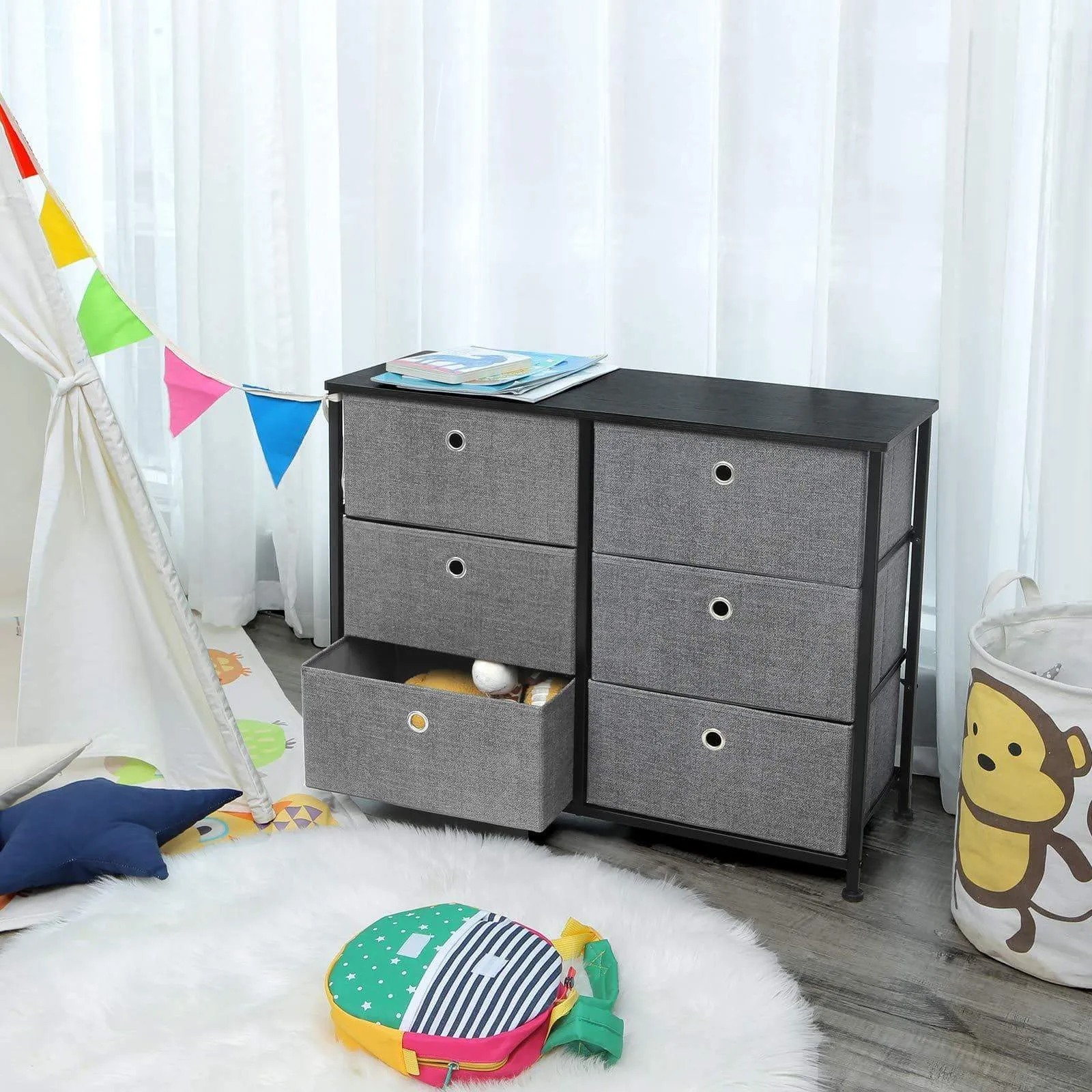 SONGMICS 3-Tier Wide Dresser, Storage Unit with 6 Easy Pull Fabric Drawers, Metal Frame, and Wooden Tabletop, for Closet, Nursery, Hallway, 31.5 x 11.8 x 24.8 Inches, Gray ULTS23G