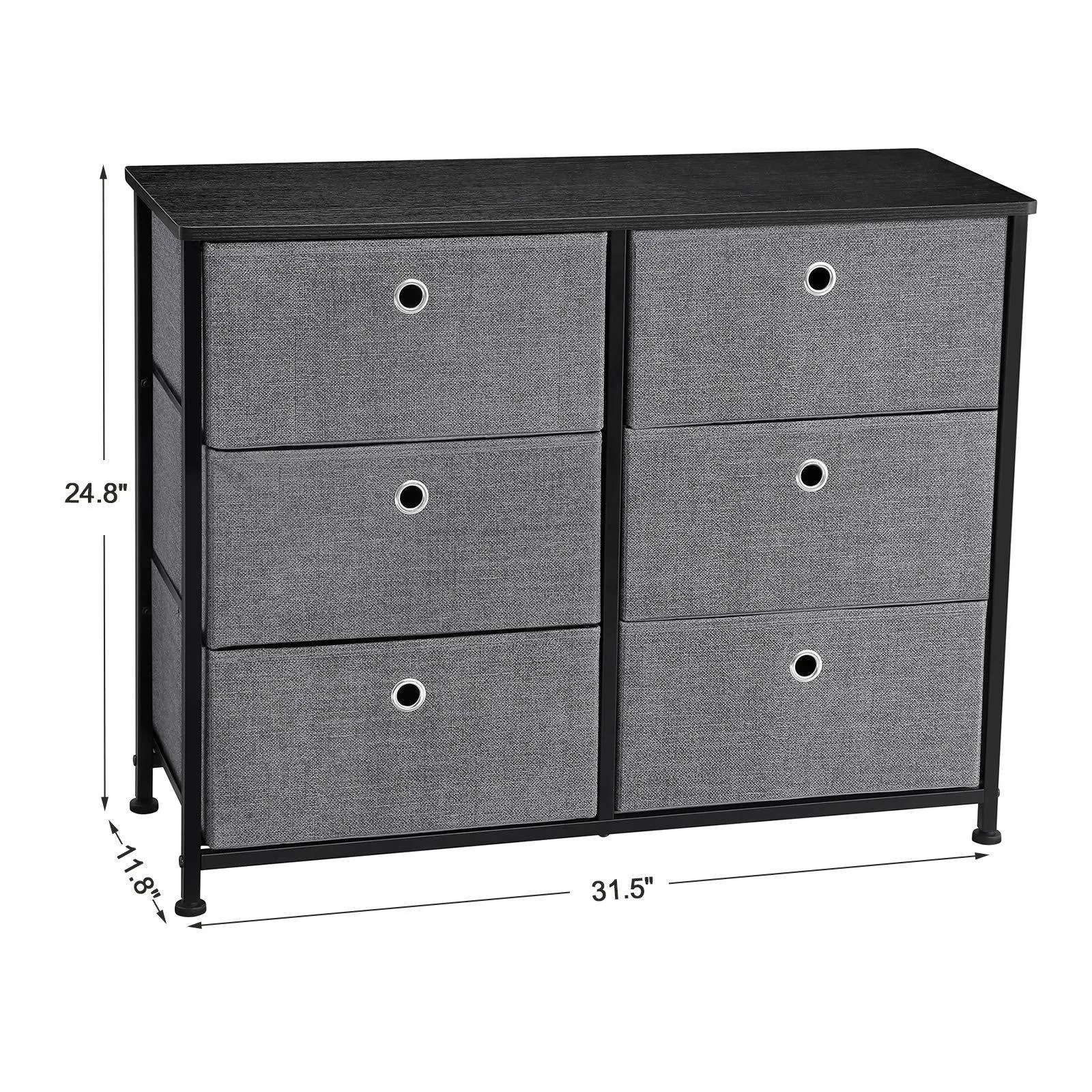 SONGMICS 3-Tier Wide Dresser, Storage Unit with 6 Easy Pull Fabric Drawers, Metal Frame, and Wooden Tabletop, for Closet, Nursery, Hallway, 31.5 x 11.8 x 24.8 Inches, Gray ULTS23G