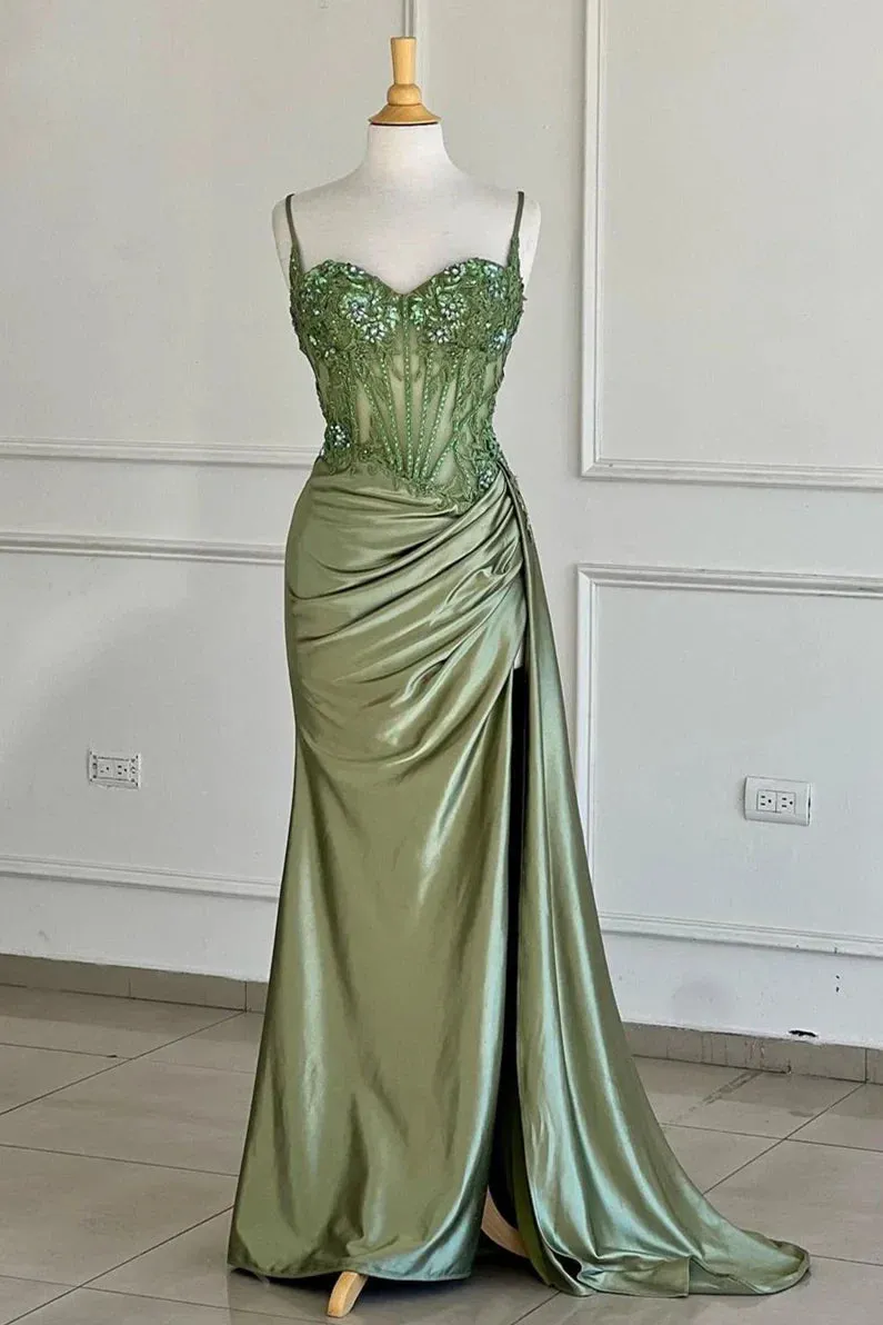 Spaghetti Straps Sage Beaded Satin Long Formal Dress