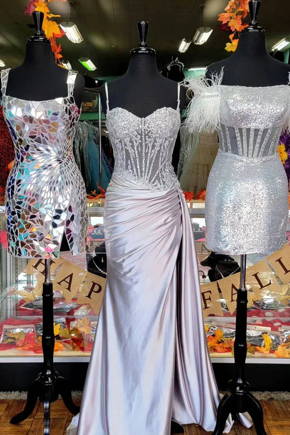 Spaghetti Straps Sage Beaded Satin Long Formal Dress