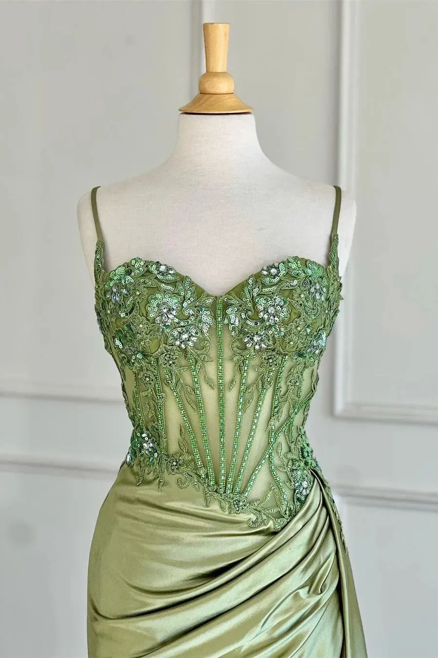 Spaghetti Straps Sage Beaded Satin Long Formal Dress