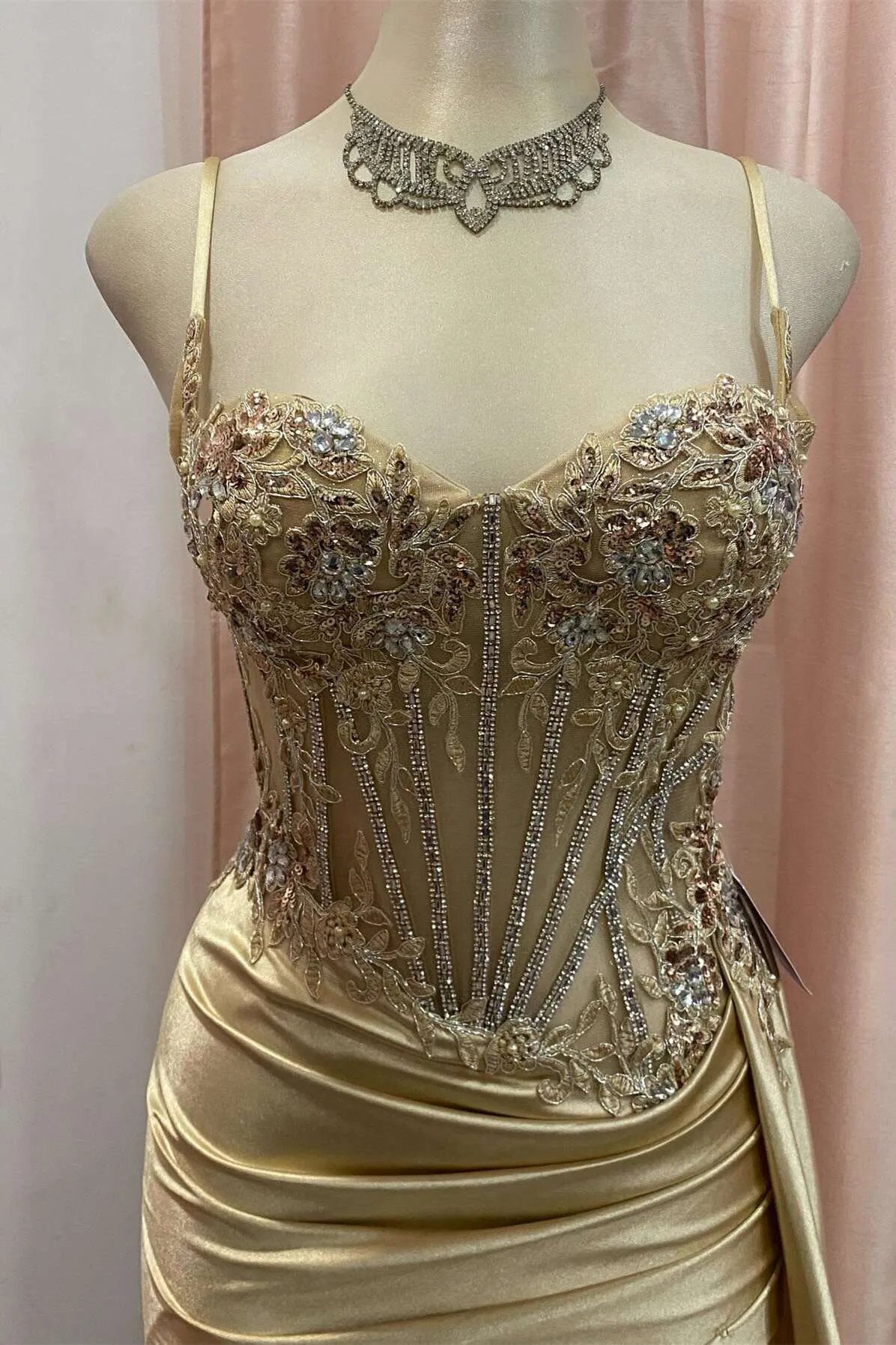 Spaghetti Straps Sage Beaded Satin Long Formal Dress