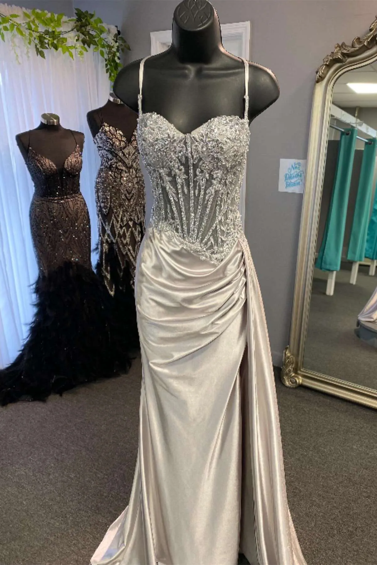 Spaghetti Straps Sage Beaded Satin Long Formal Dress