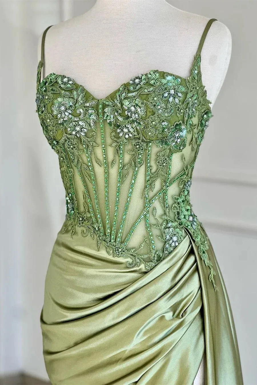 Spaghetti Straps Sage Beaded Satin Long Formal Dress