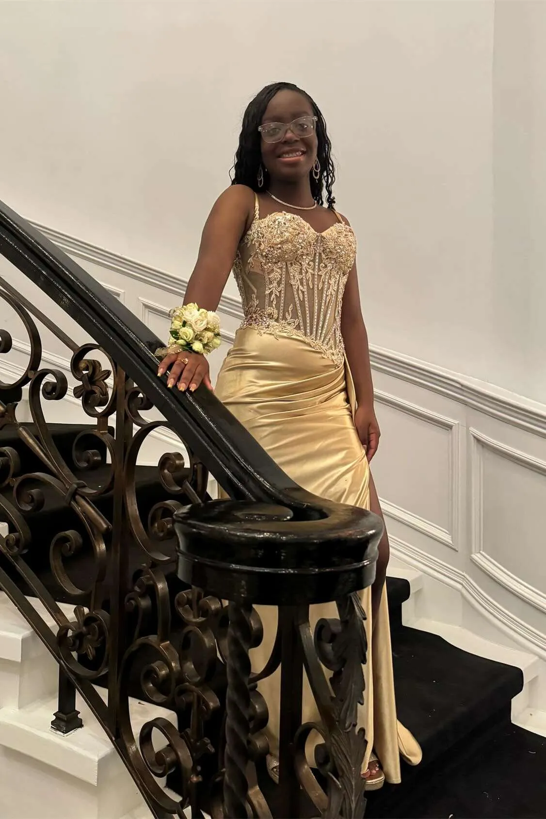 Spaghetti Straps Sage Beaded Satin Long Formal Dress