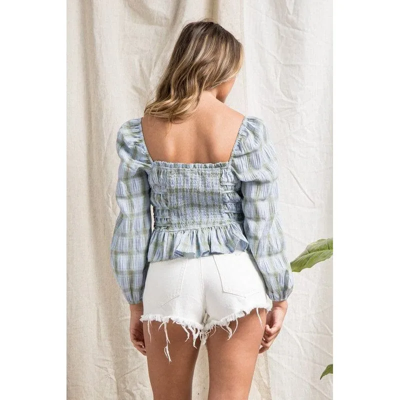 Square neck plaid top with button up detail