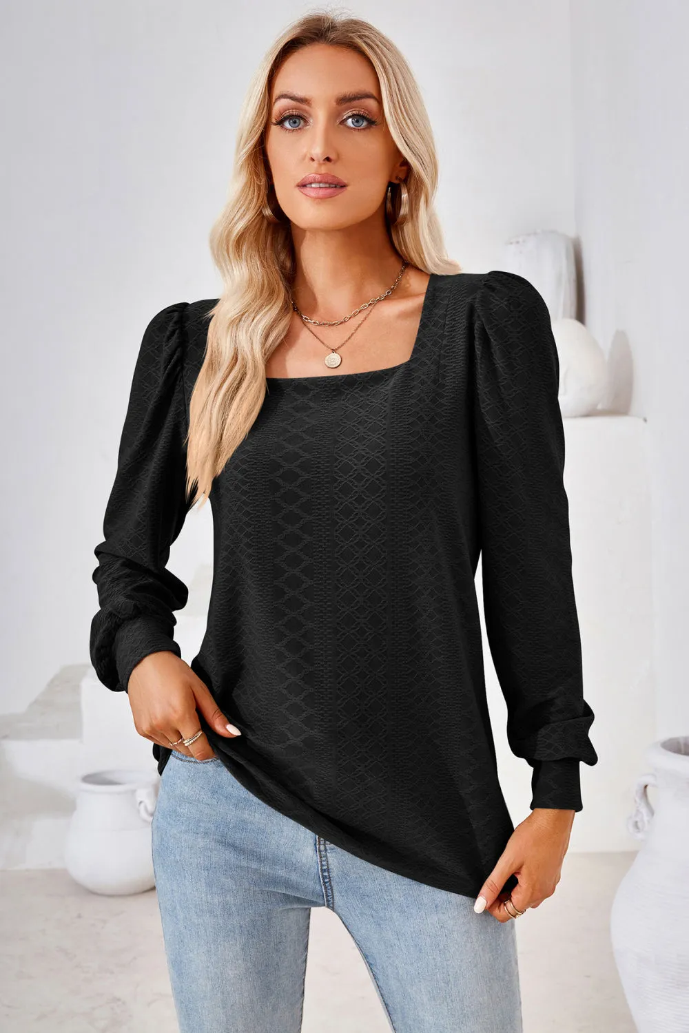 Square Neck Puff Sleeve Blouse (8 Colors)