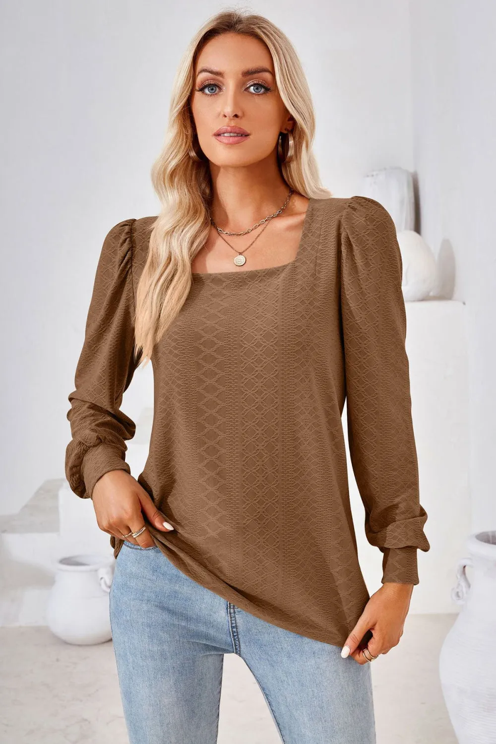 Square Neck Puff Sleeve Blouse (8 Colors)