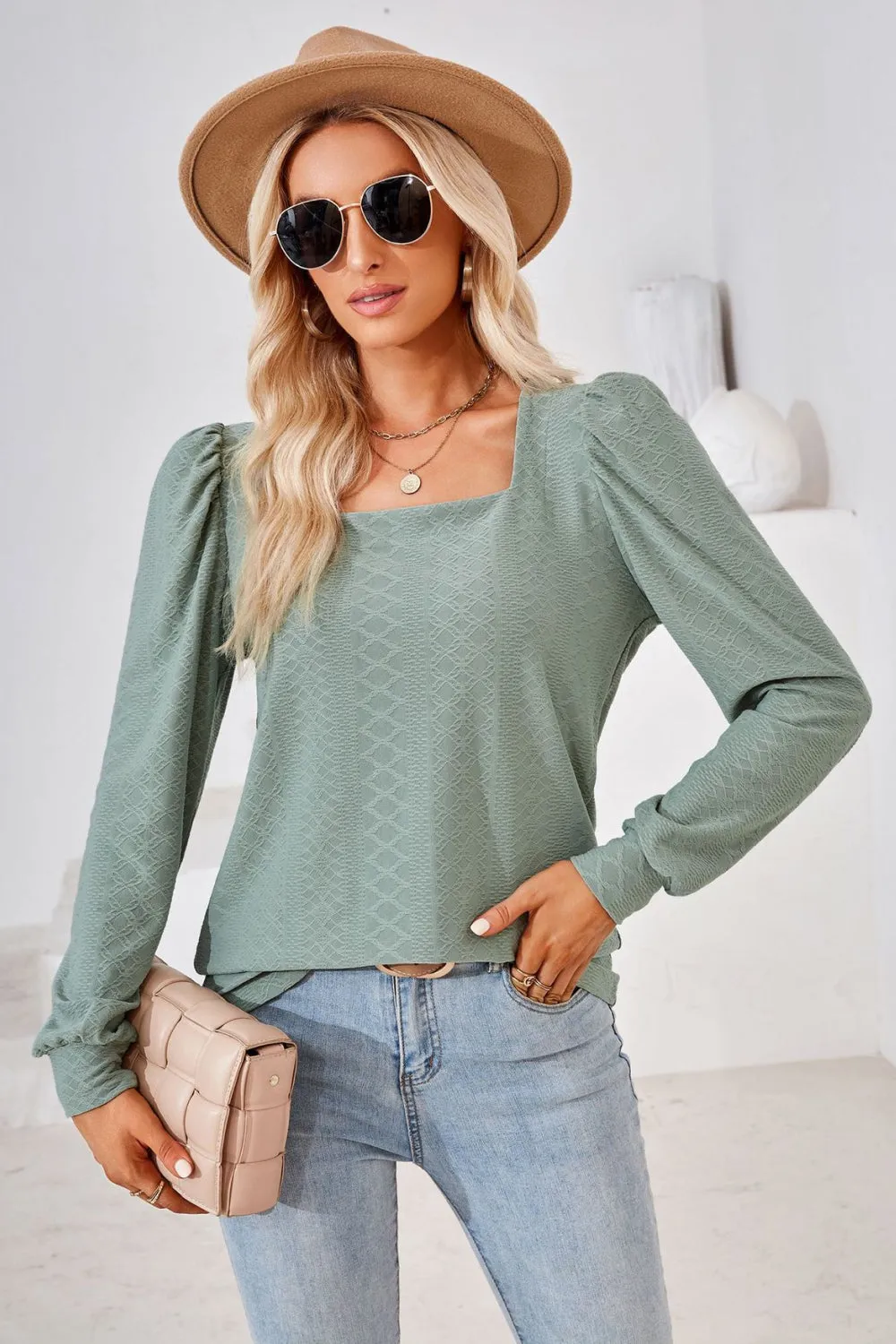 Square Neck Puff Sleeve Blouse (8 Colors)