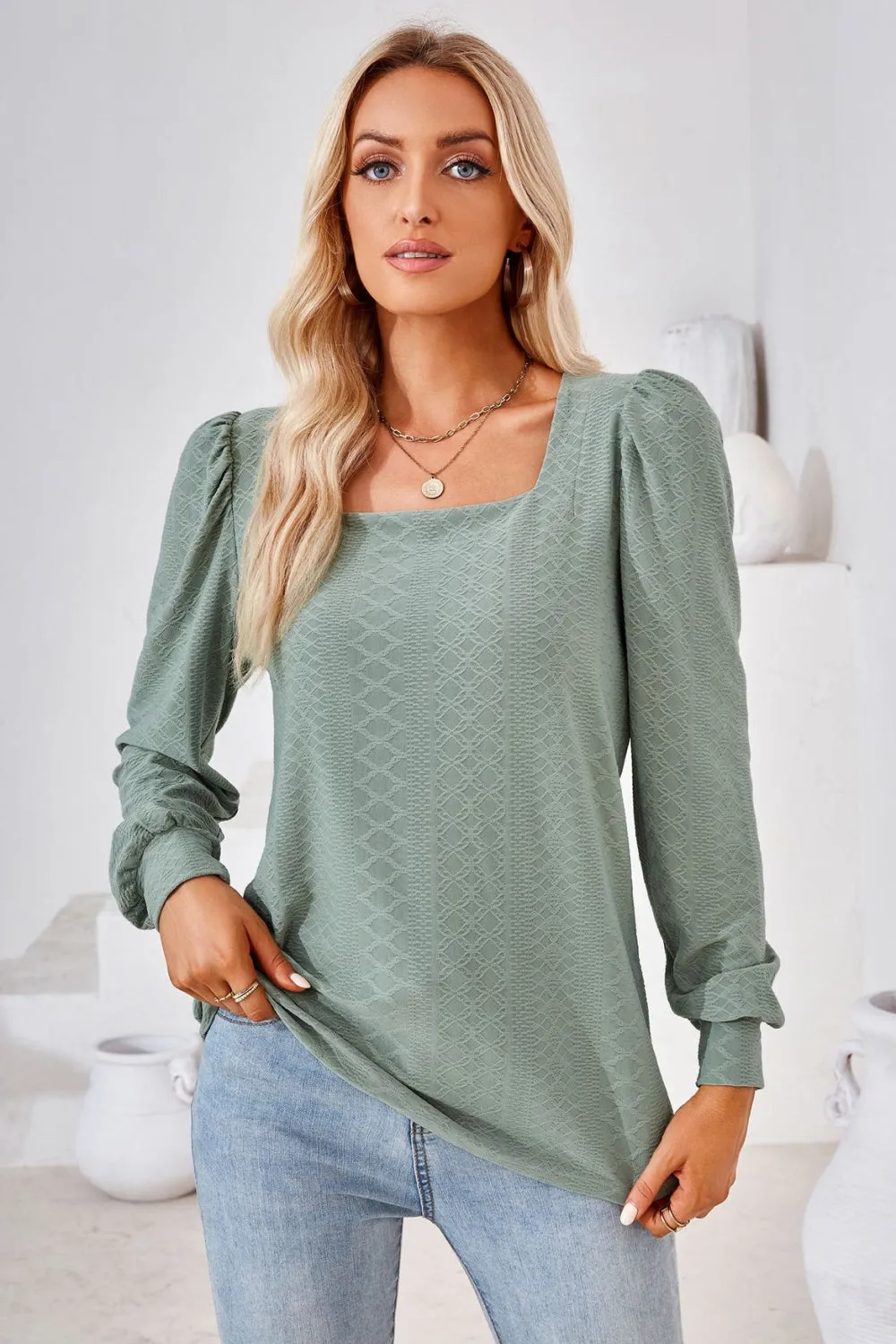 Square Neck Puff Sleeve Blouse (8 Colors)