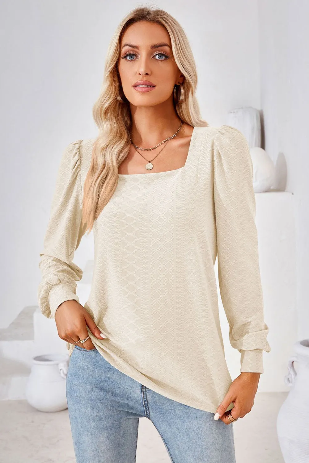 Square Neck Puff Sleeve Blouse (8 Colors)
