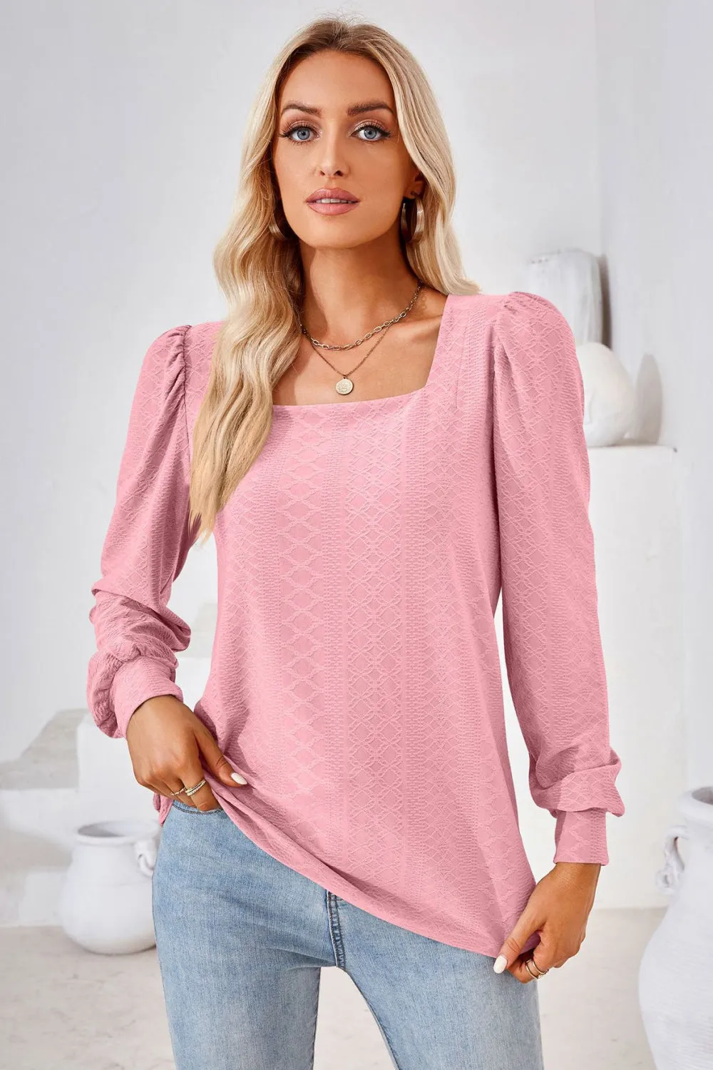 Square Neck Puff Sleeve Blouse (8 Colors)