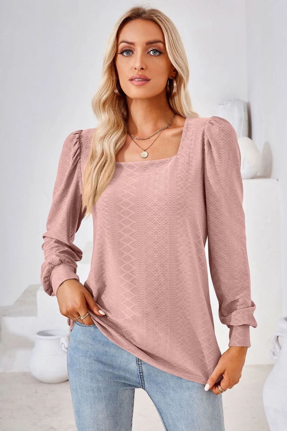 Square Neck Puff Sleeve Blouse (8 Colors)