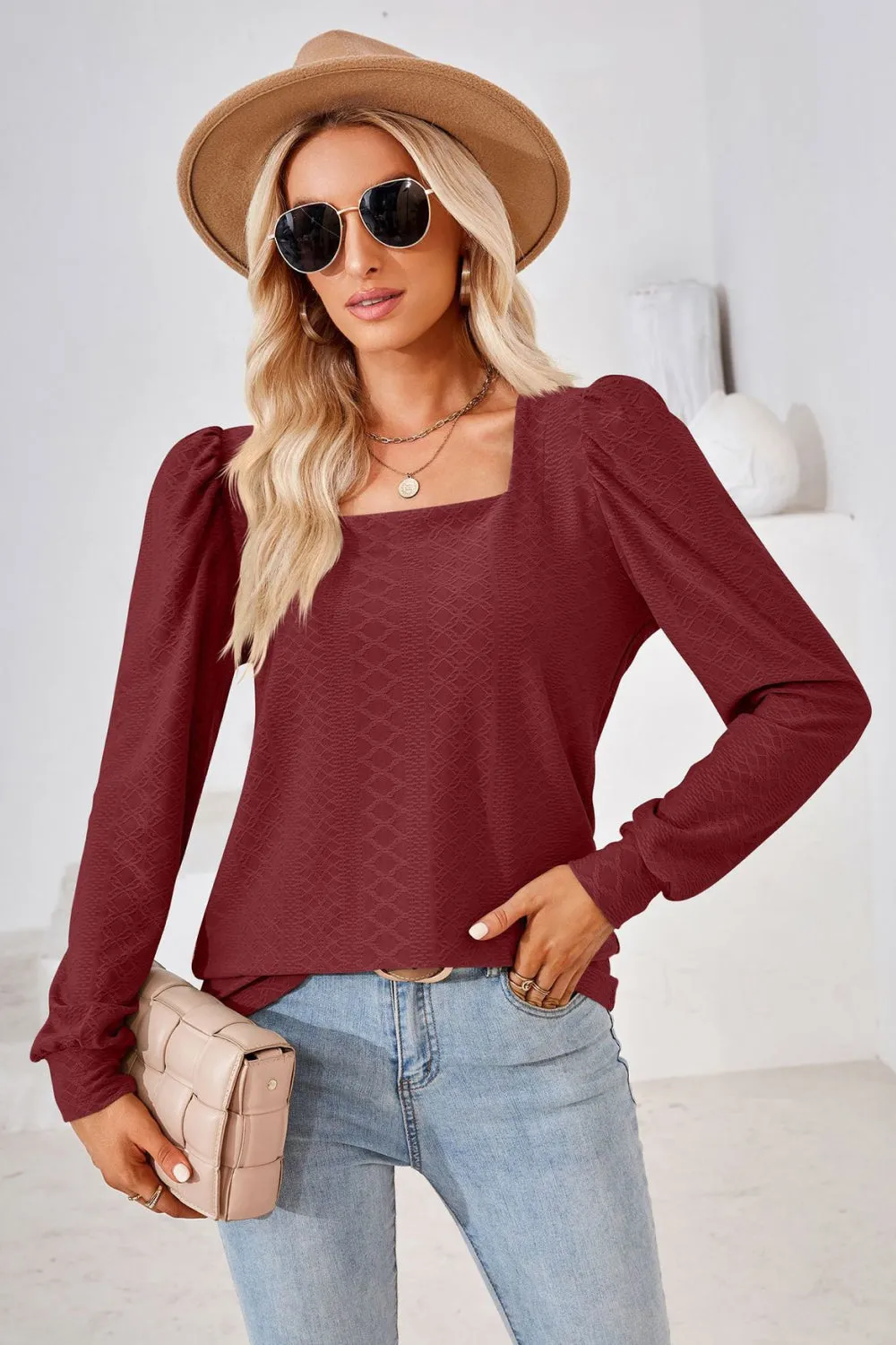 Square Neck Puff Sleeve Blouse (8 Colors)