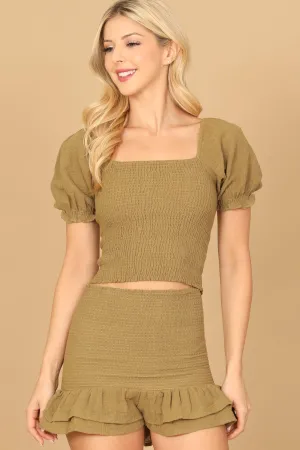 SQUARE NECK PUFF SLEEVE SHIRRING TOP & SHORT SET