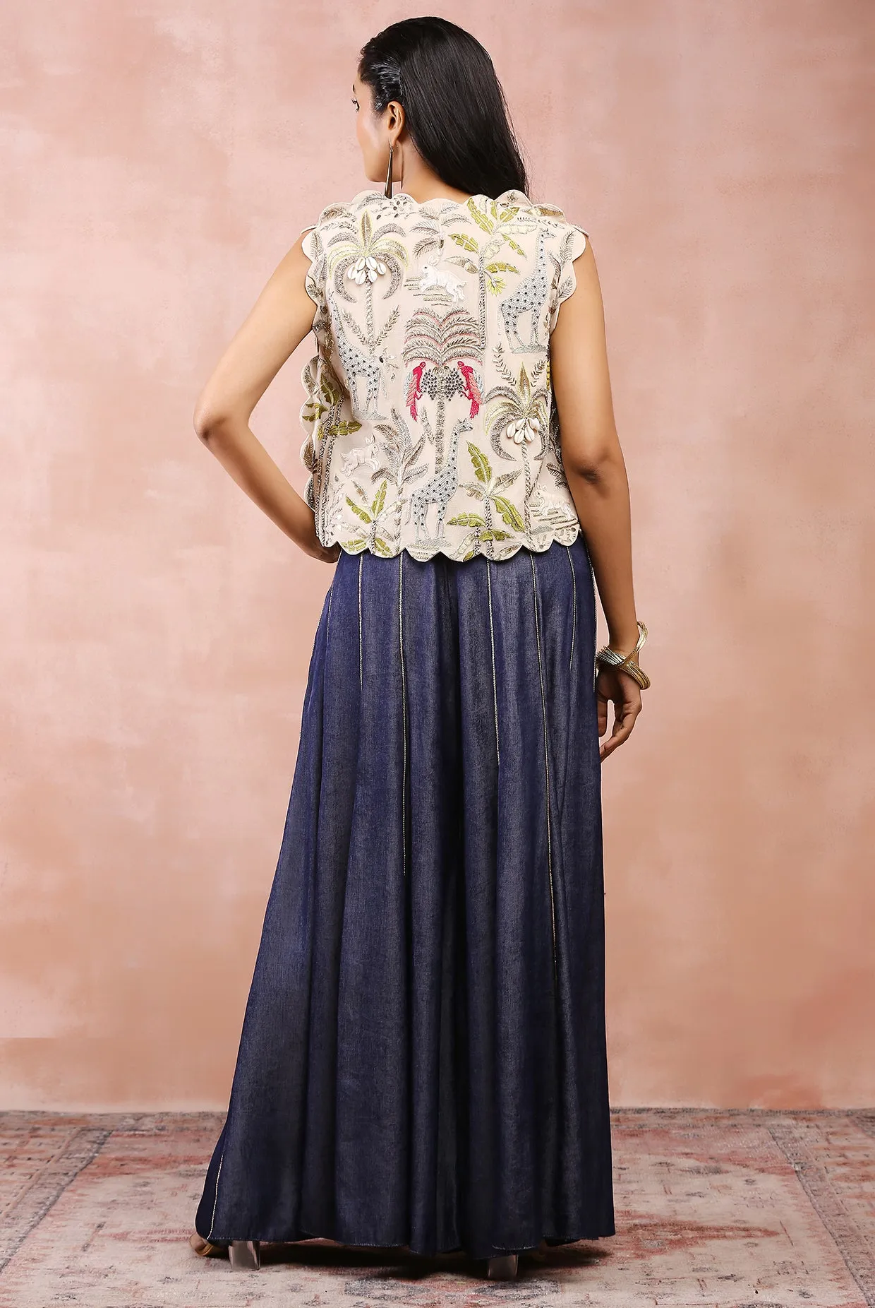 STONE EMBROIDERED JACKET AND BUSTIER WITH DENIM SHARARA