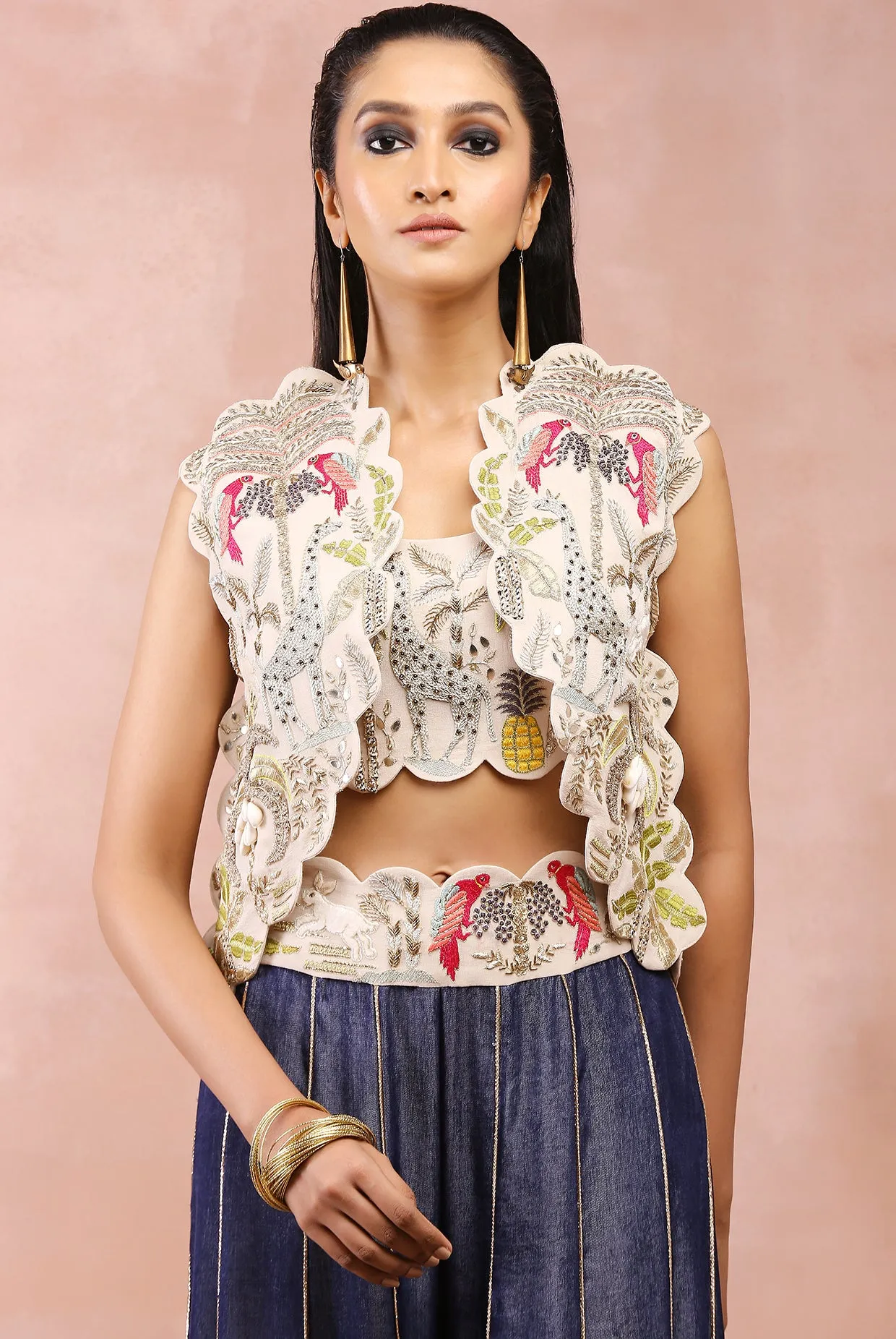 STONE EMBROIDERED JACKET AND BUSTIER WITH DENIM SHARARA