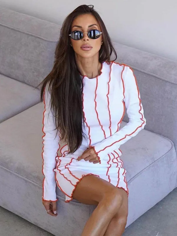 Striped Bodycon Mini Dress with Long Sleeves and Ruffled Edges